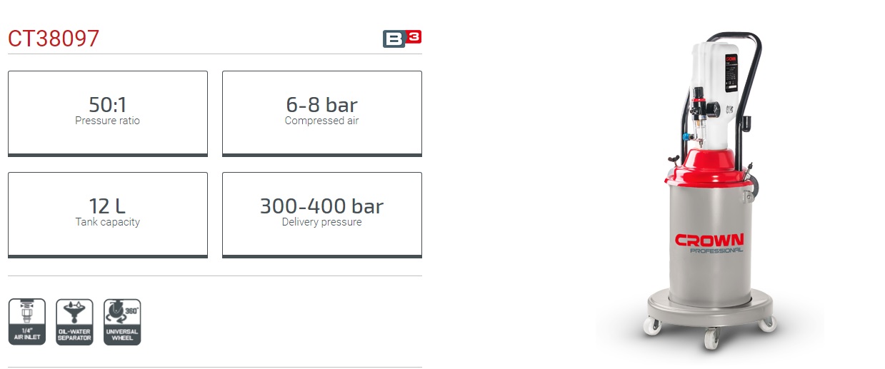 CROWN CT38097 Professional Grease Injector, 12L, 0.6-0.8MPa, 0.85L/min, 50:1; CT38097_img_2