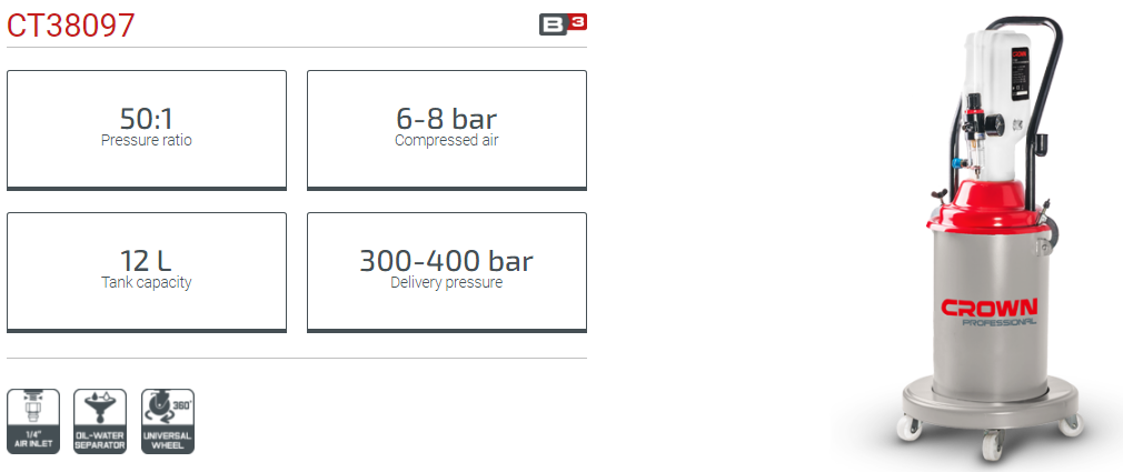 CROWN CT38097 Professional Grease Injector, 12L, 0.6-0.8MPa, 0.85L/min, 50:1; CT38097_img_3