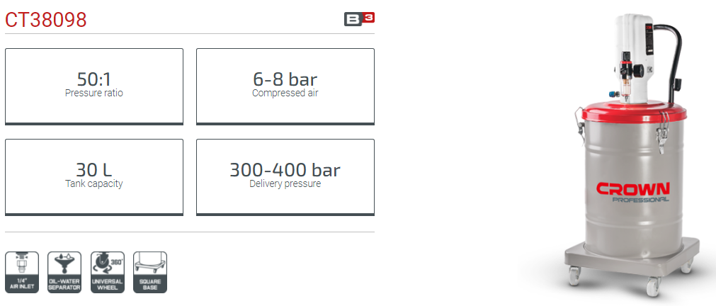 CROWN CT38098 Professional Grease Injector, 30L, 0.6-0.8MPa, 0.85L/min, 50:1; CT38098_img_1