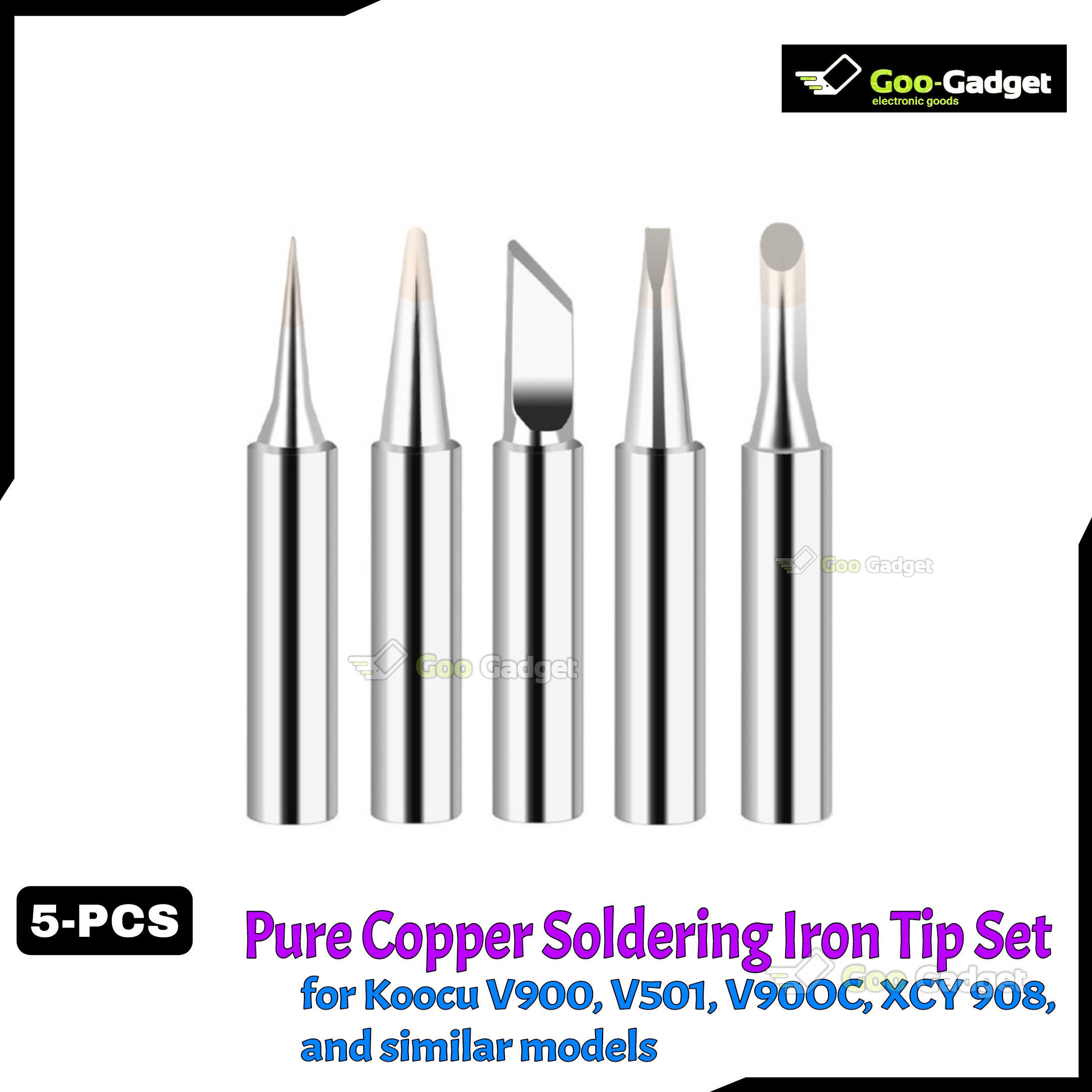 5Pcs Pure Copper Soldering Iron Tip Set for Koocu V900, V501, V90OC, XCY 908, and similar models