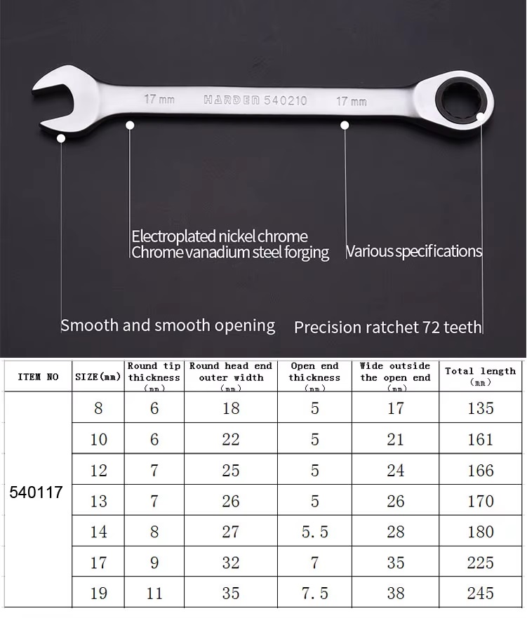 Harden 7Pcs Fixed Combination Gear Spanner Set, Metric Ratcheting Wrench Ring n Open End Ratchet Spanner Set 540117_img_7