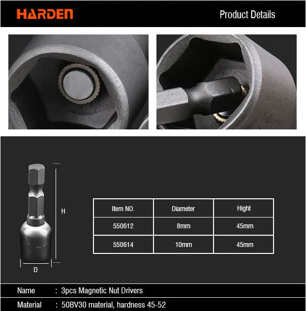 HARDEN 3Pcs Magnetic Nut Drivers Socket ( 8mm | 10mm ) Roofing Socket 45mm Long 550612 | 550614_img_1