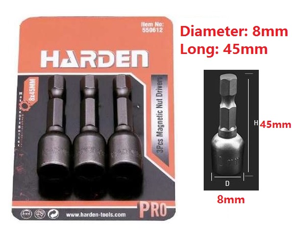 HARDEN 3Pcs Magnetic Nut Drivers Socket ( 8mm | 10mm ) Roofing Socket 45mm Long 550612 | 550614
