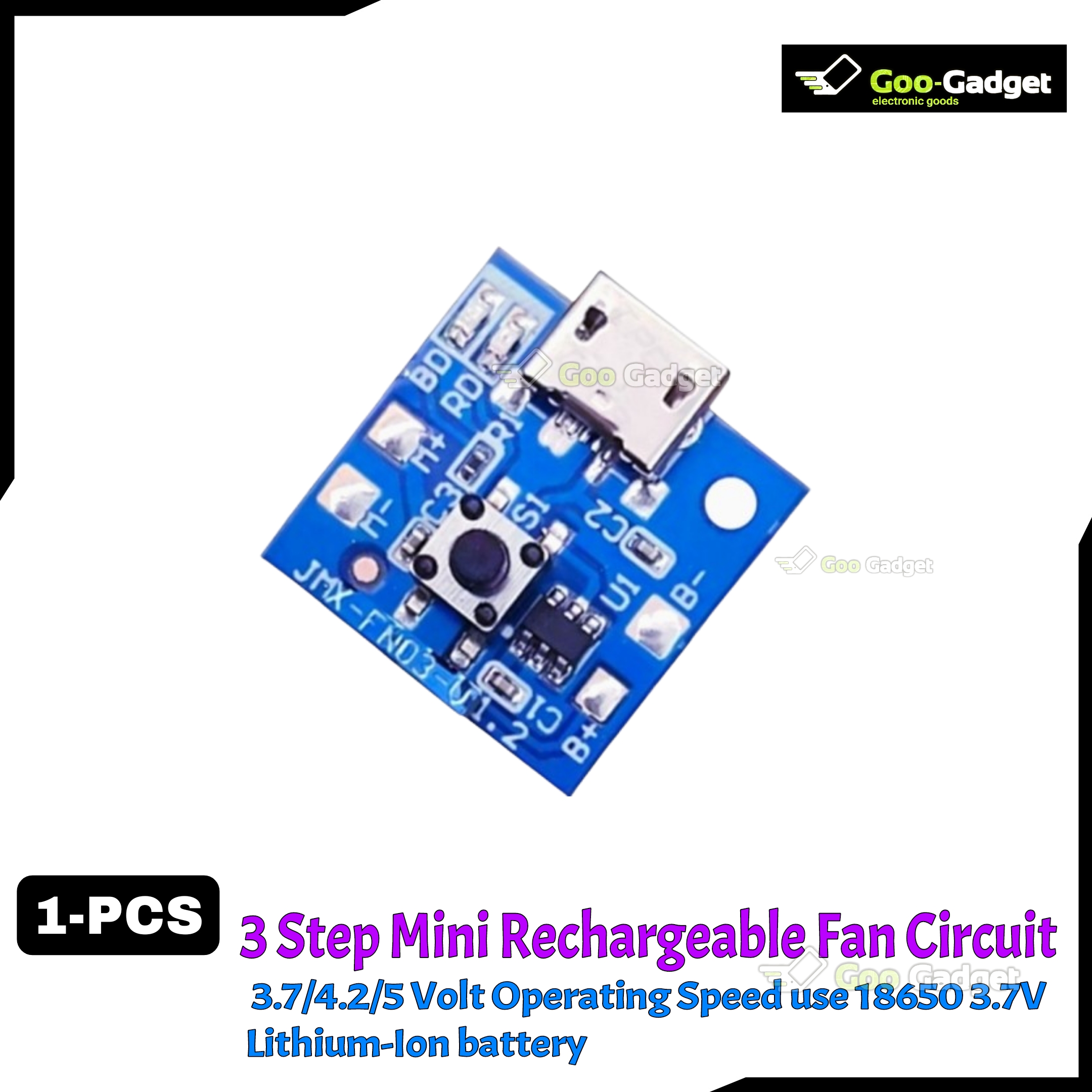 Mini Rechargeable 3.7V/4.2V/5V Fan Circuit | 3-Step Fan Speed Control with LED Indicator | Replacement Parts for Mini Rechargeable Fans