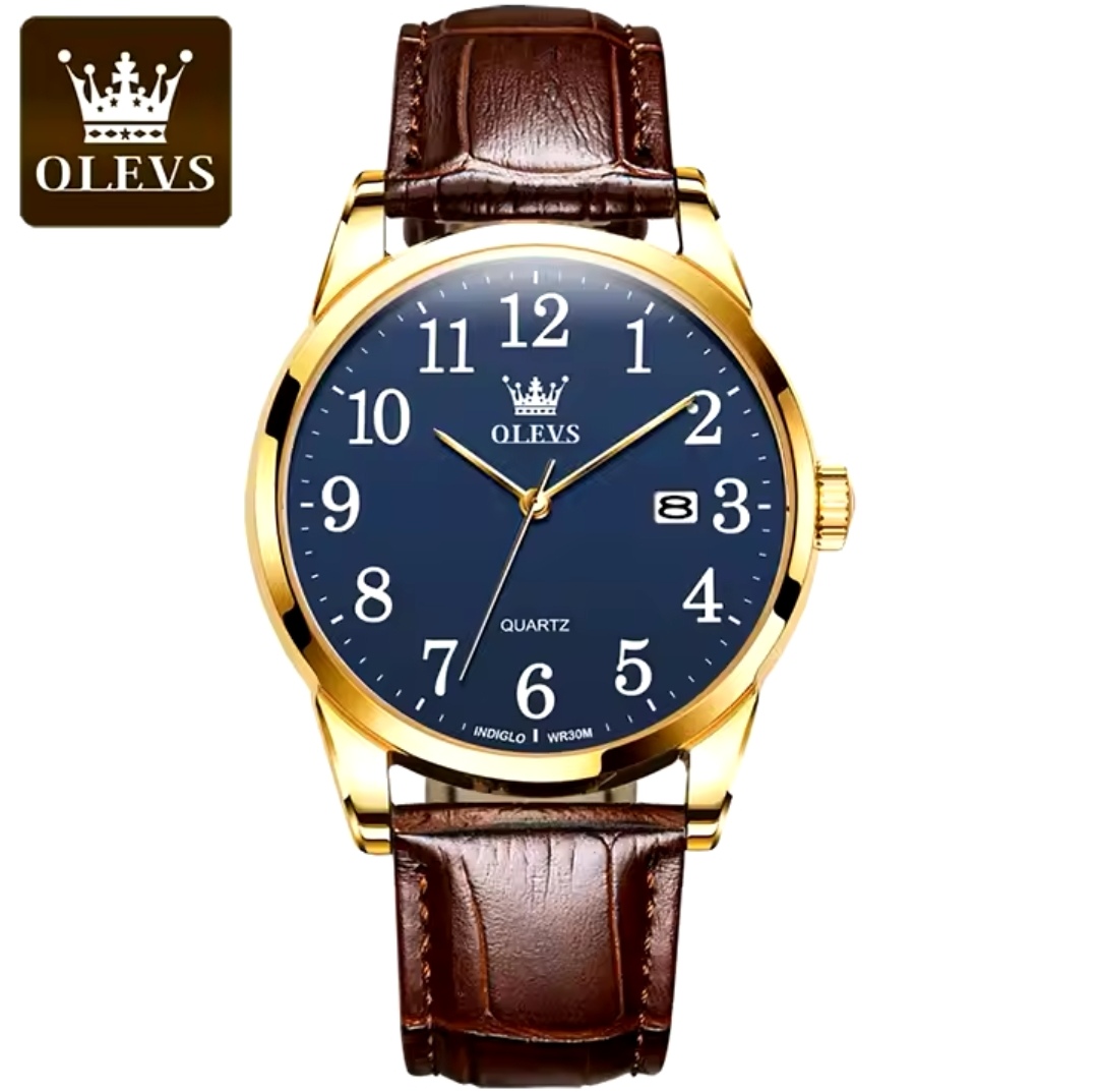 OLEVS 5566 Gents belt Watche- Blue Dial- Golden Bezel- Leather Color Belt- TF Code OL659BM_img_0