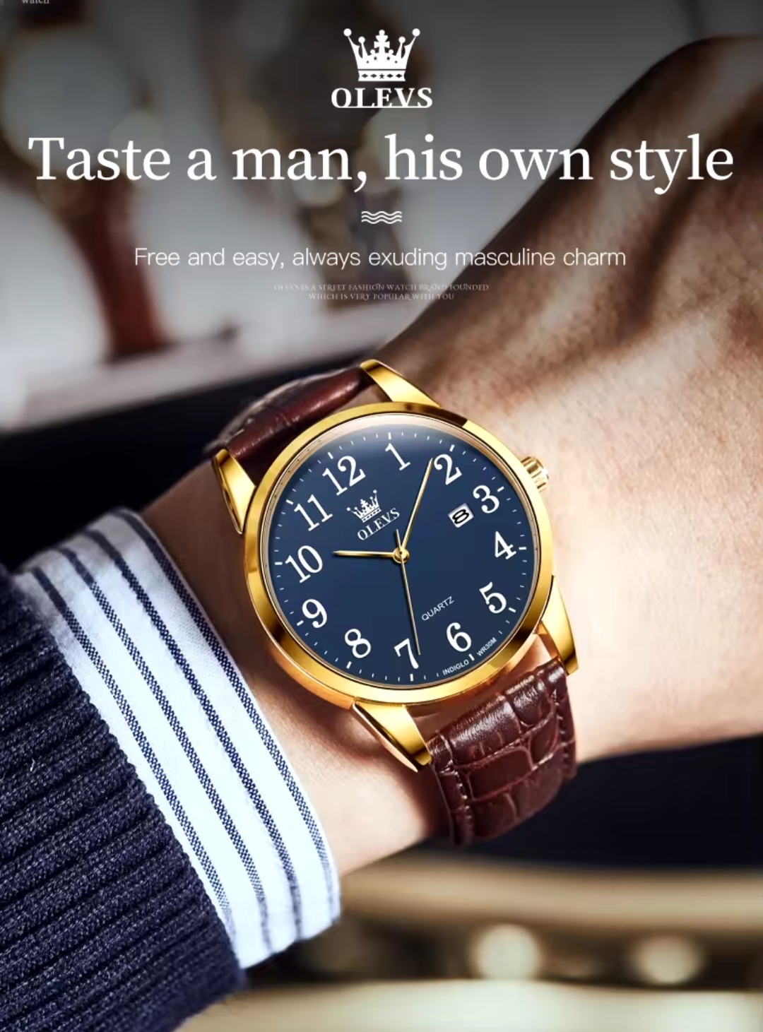 OLEVS 5566 Gents belt Watche- Blue Dial- Golden Bezel- Leather Color Belt- TF Code OL659BM_img_1