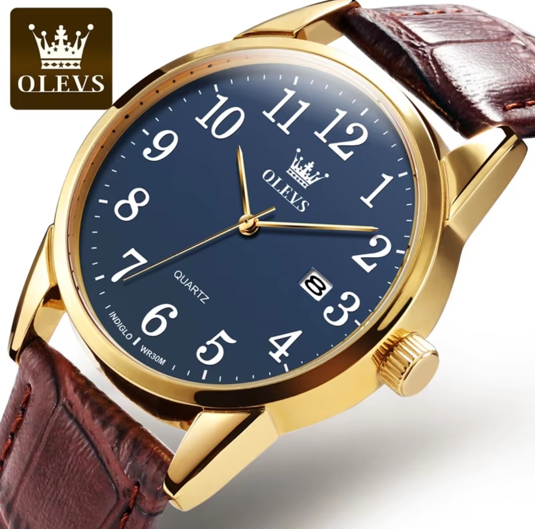 OLEVS 5566 Gents belt Watche- Blue Dial- Golden Bezel- Leather Color Belt- TF Code OL659BM_img_2