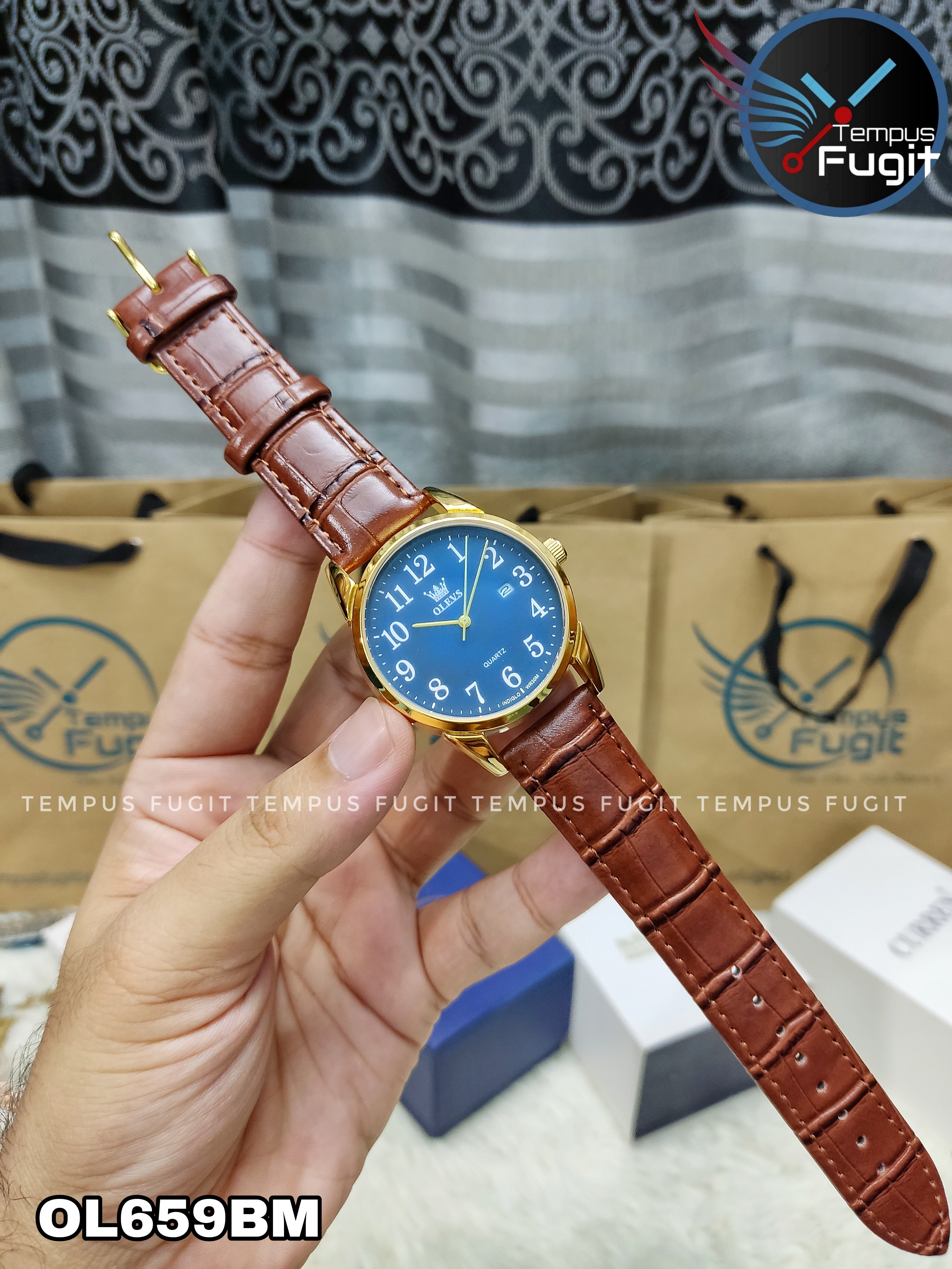 OLEVS 5566 Gents belt Watche- Blue Dial- Golden Bezel- Leather Color Belt- TF Code OL659BM_img_3