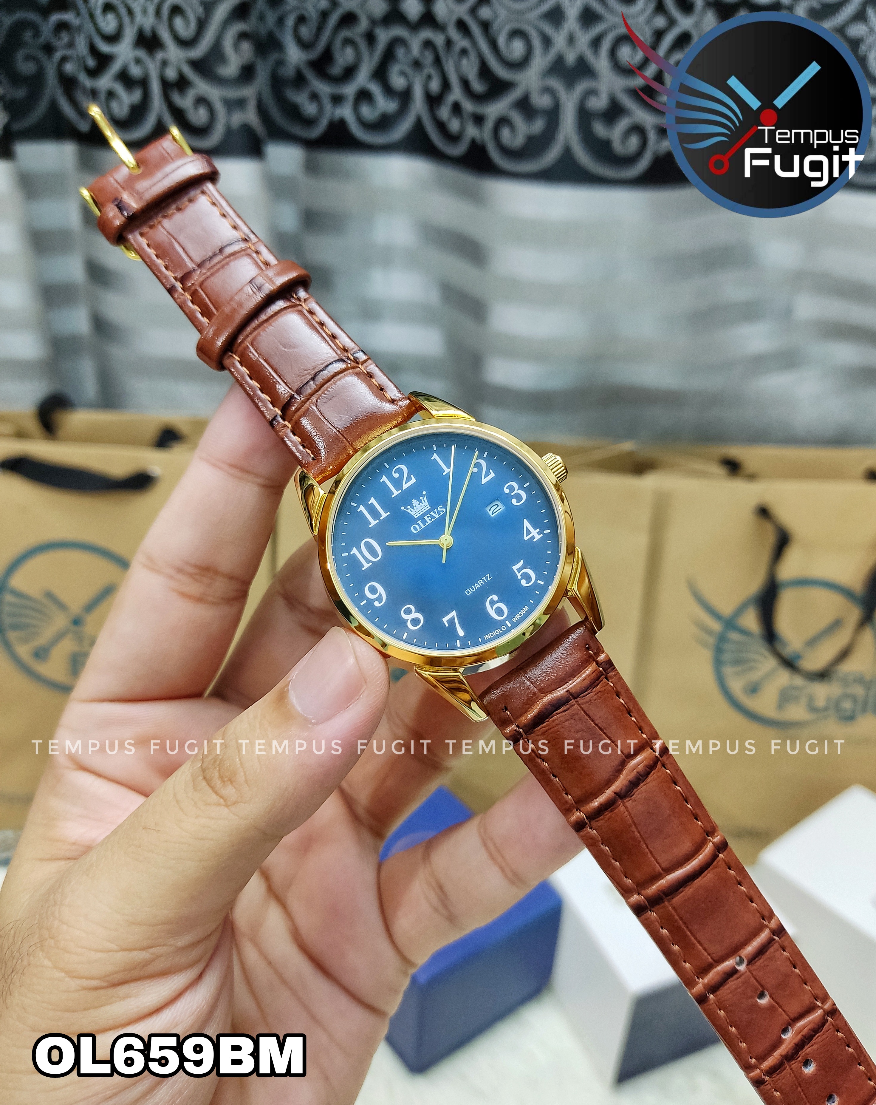 OLEVS 5566 Gents belt Watche- Blue Dial- Golden Bezel- Leather Color Belt- TF Code OL659BM_img_4