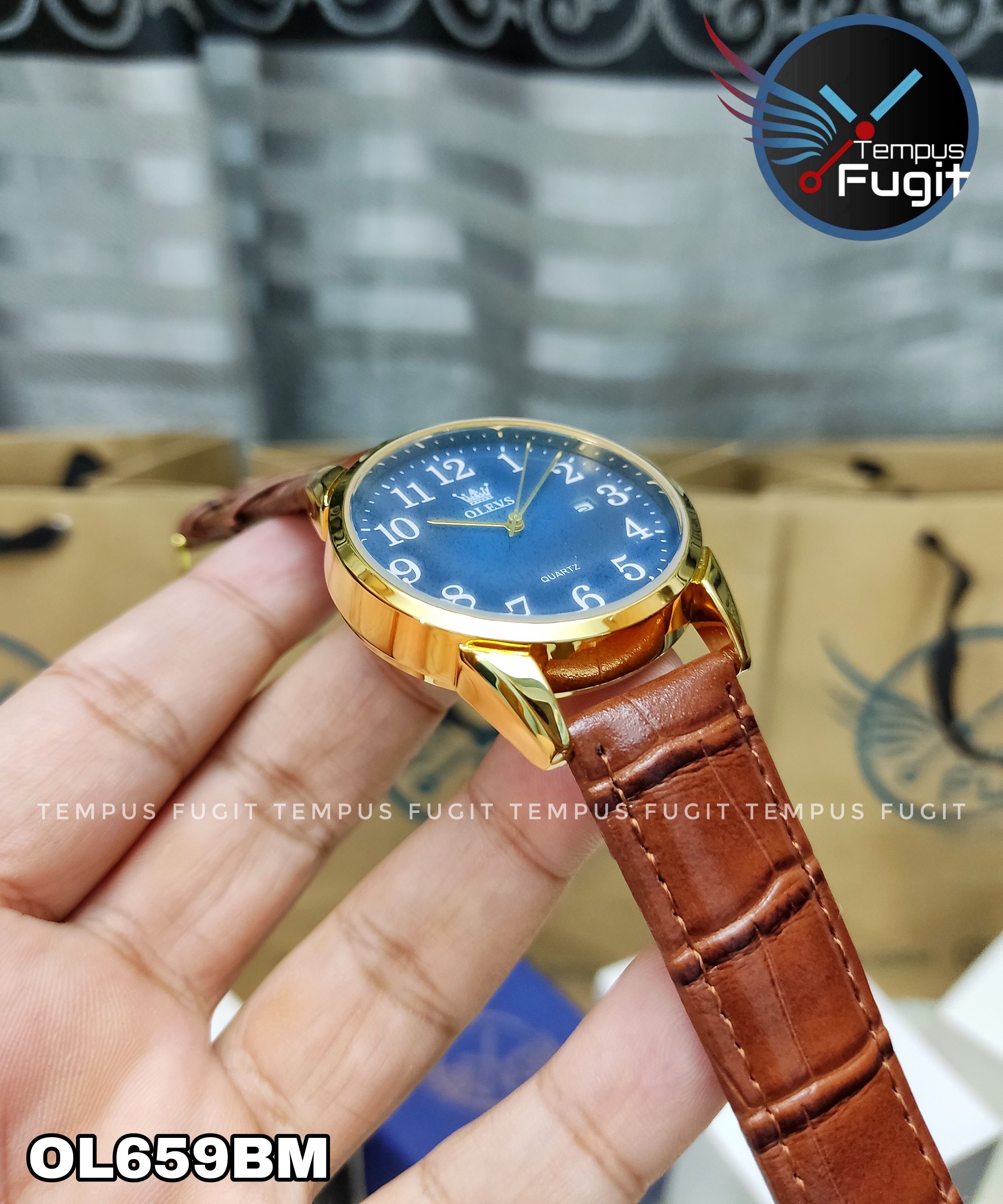 OLEVS 5566 Gents belt Watche- Blue Dial- Golden Bezel- Leather Color Belt- TF Code OL659BM_img_5