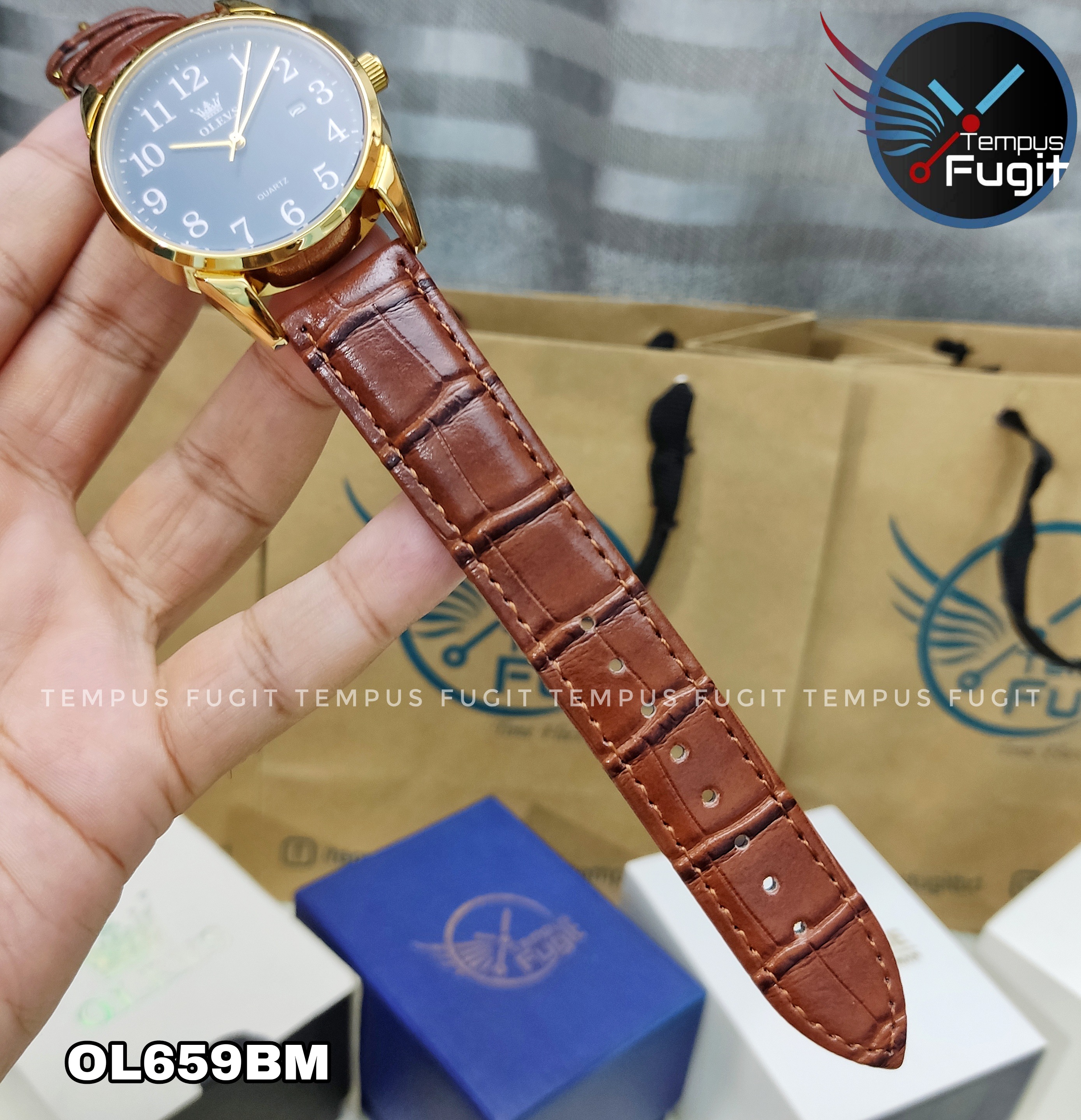 OLEVS 5566 Gents belt Watche- Blue Dial- Golden Bezel- Leather Color Belt- TF Code OL659BM_img_6