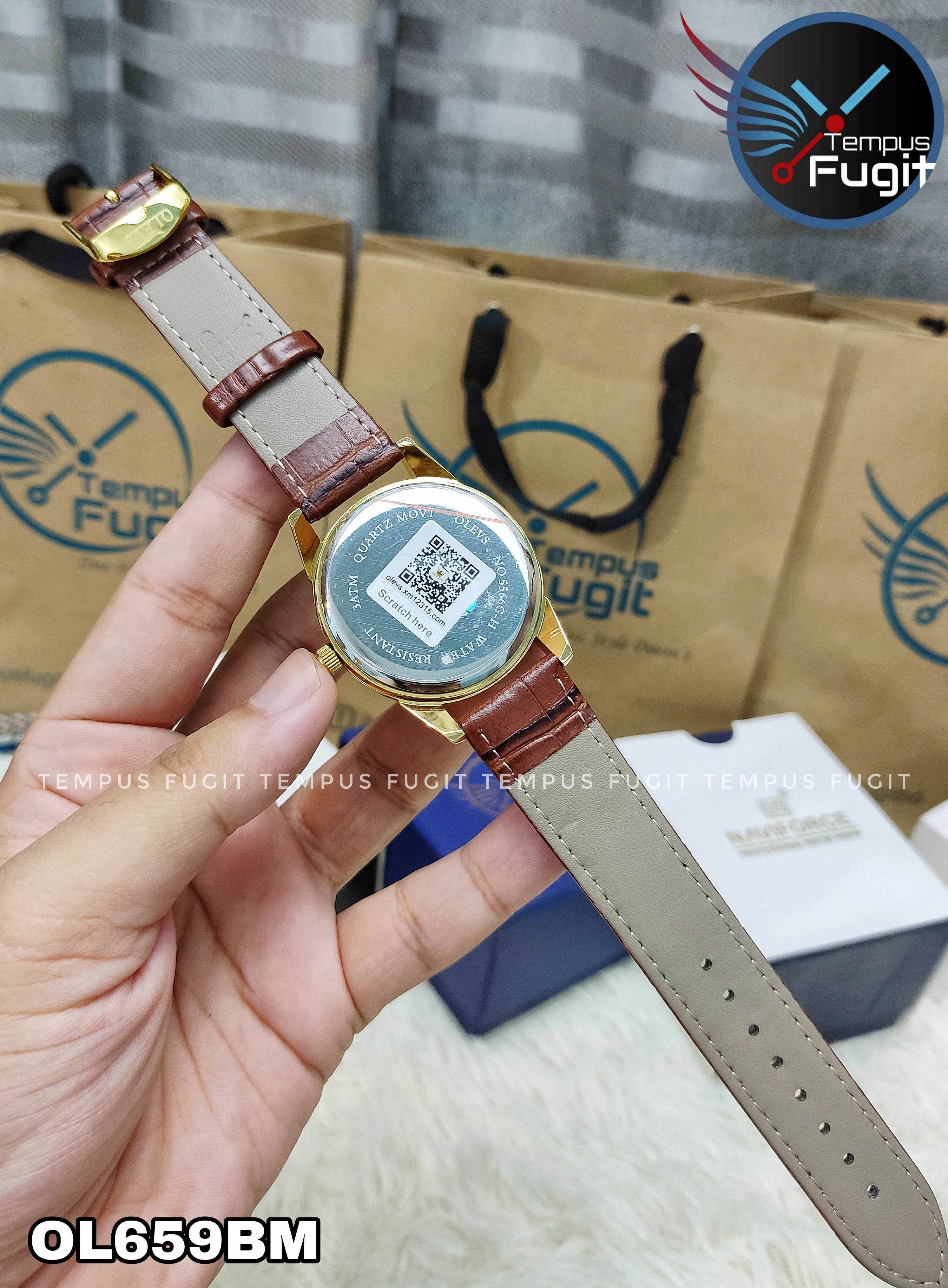 OLEVS 5566 Gents belt Watche- Blue Dial- Golden Bezel- Leather Color Belt- TF Code OL659BM_img_8