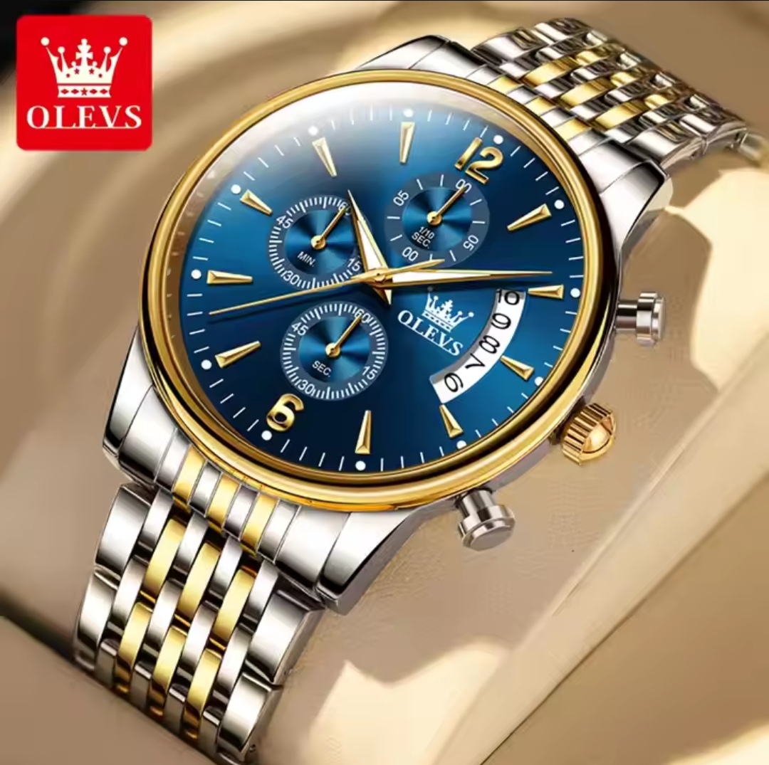 OLEVS 2867 Gents Chain Watch- Blue Dial- Golden Bezel- Silver+Golden Chain- TF Code OL917CM_img_2