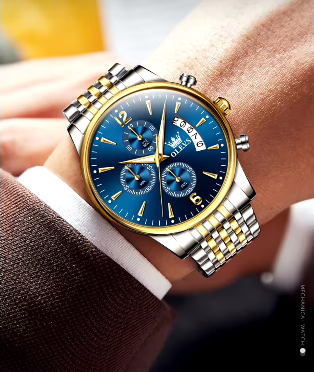 OLEVS 2867 Gents Chain Watch- Blue Dial- Golden Bezel- Silver+Golden Chain- TF Code OL917CM_img_3
