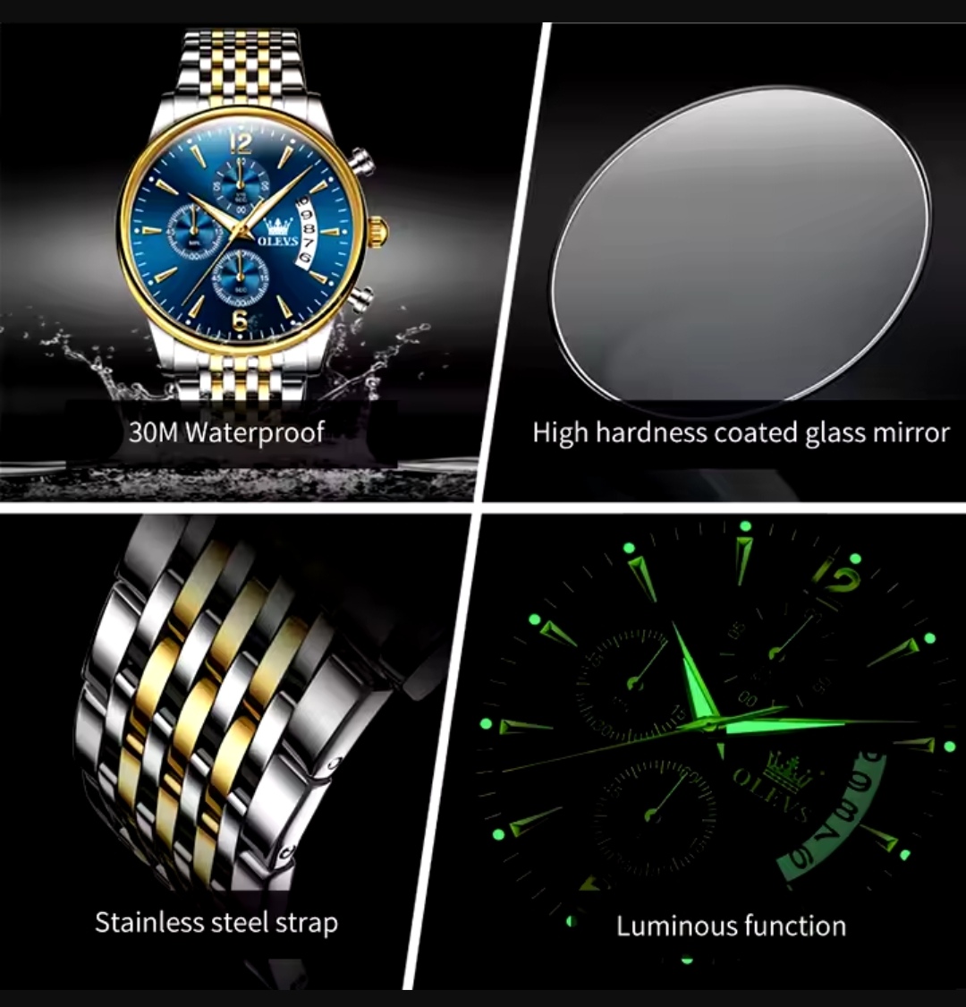 OLEVS 2867 Gents Chain Watch- Blue Dial- Golden Bezel- Silver+Golden Chain- TF Code OL917CM_img_4