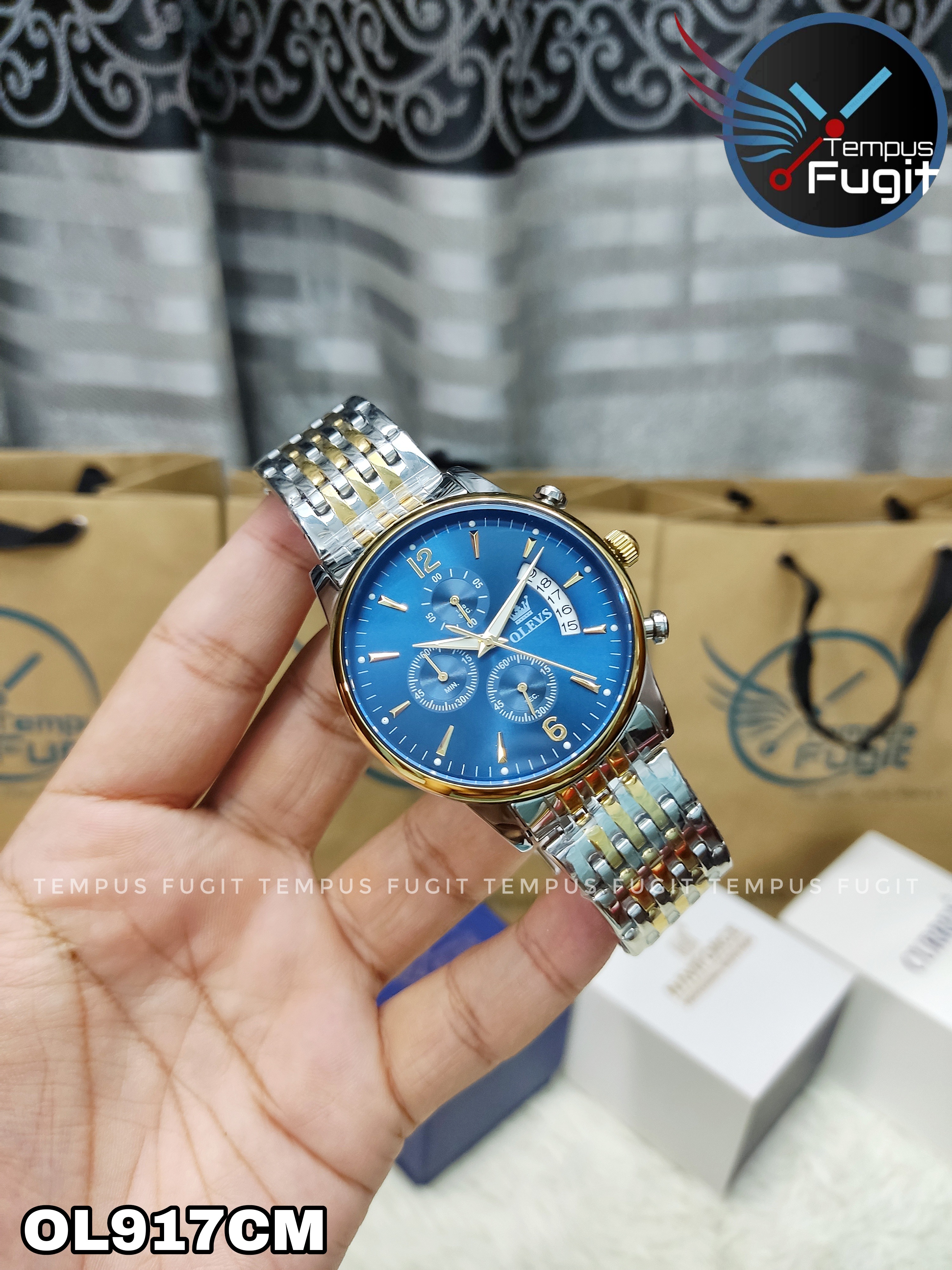 OLEVS 2867 Gents Chain Watch- Blue Dial- Golden Bezel- Silver+Golden Chain- TF Code OL917CM_img_9