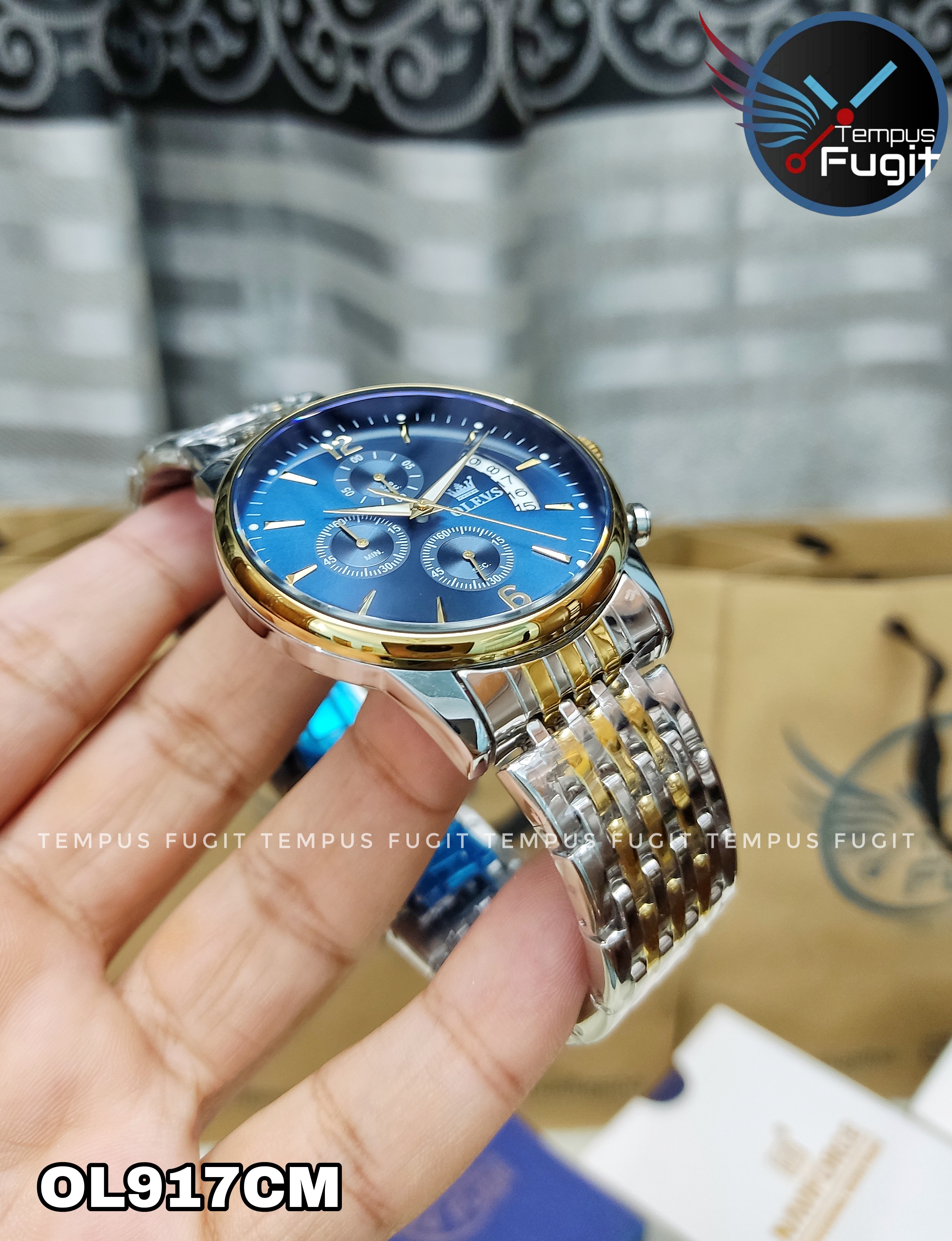 OLEVS 2867 Gents Chain Watch- Blue Dial- Golden Bezel- Silver+Golden Chain- TF Code OL917CM_img_10