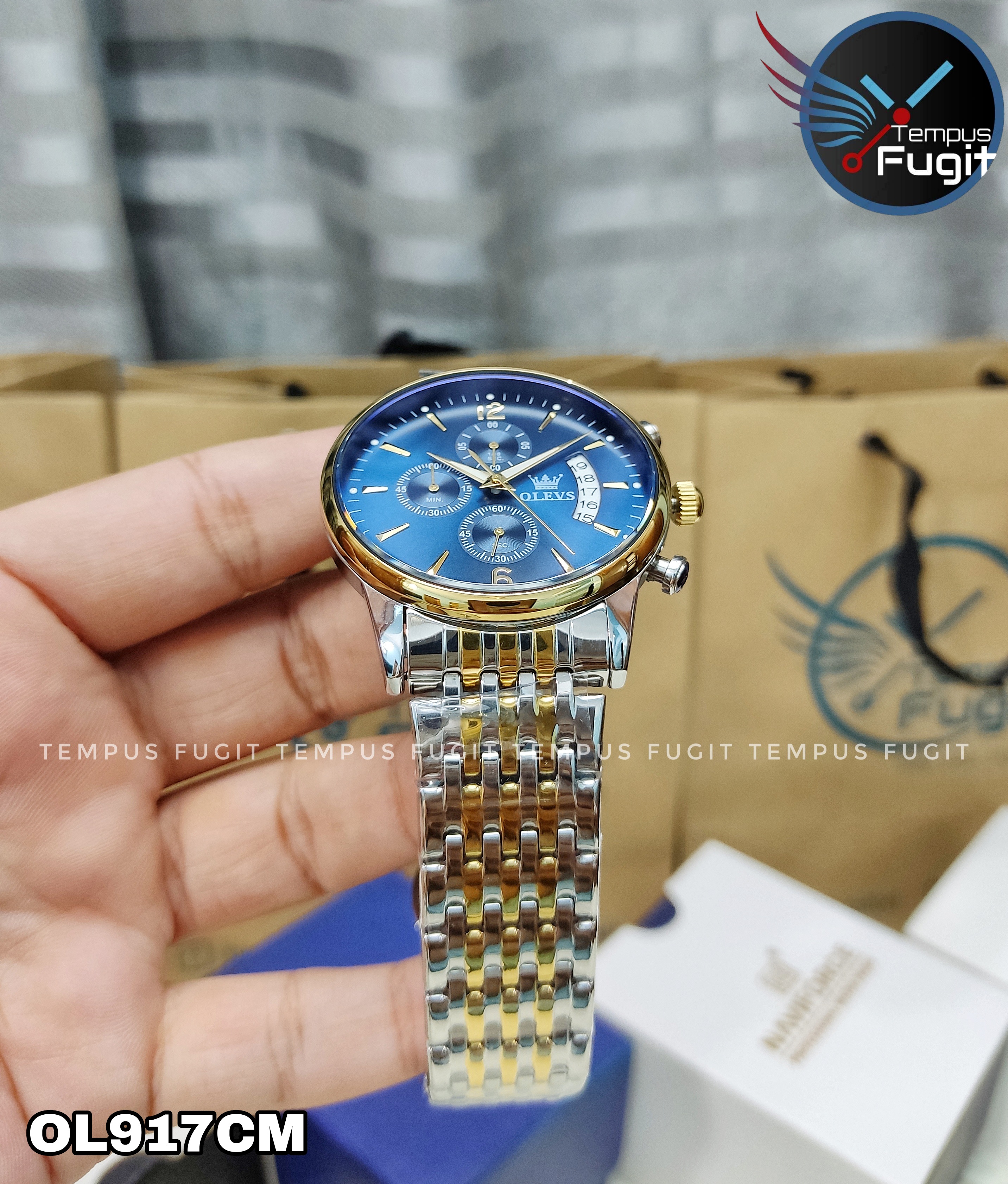 OLEVS 2867 Gents Chain Watch- Blue Dial- Golden Bezel- Silver+Golden Chain- TF Code OL917CM_img_11