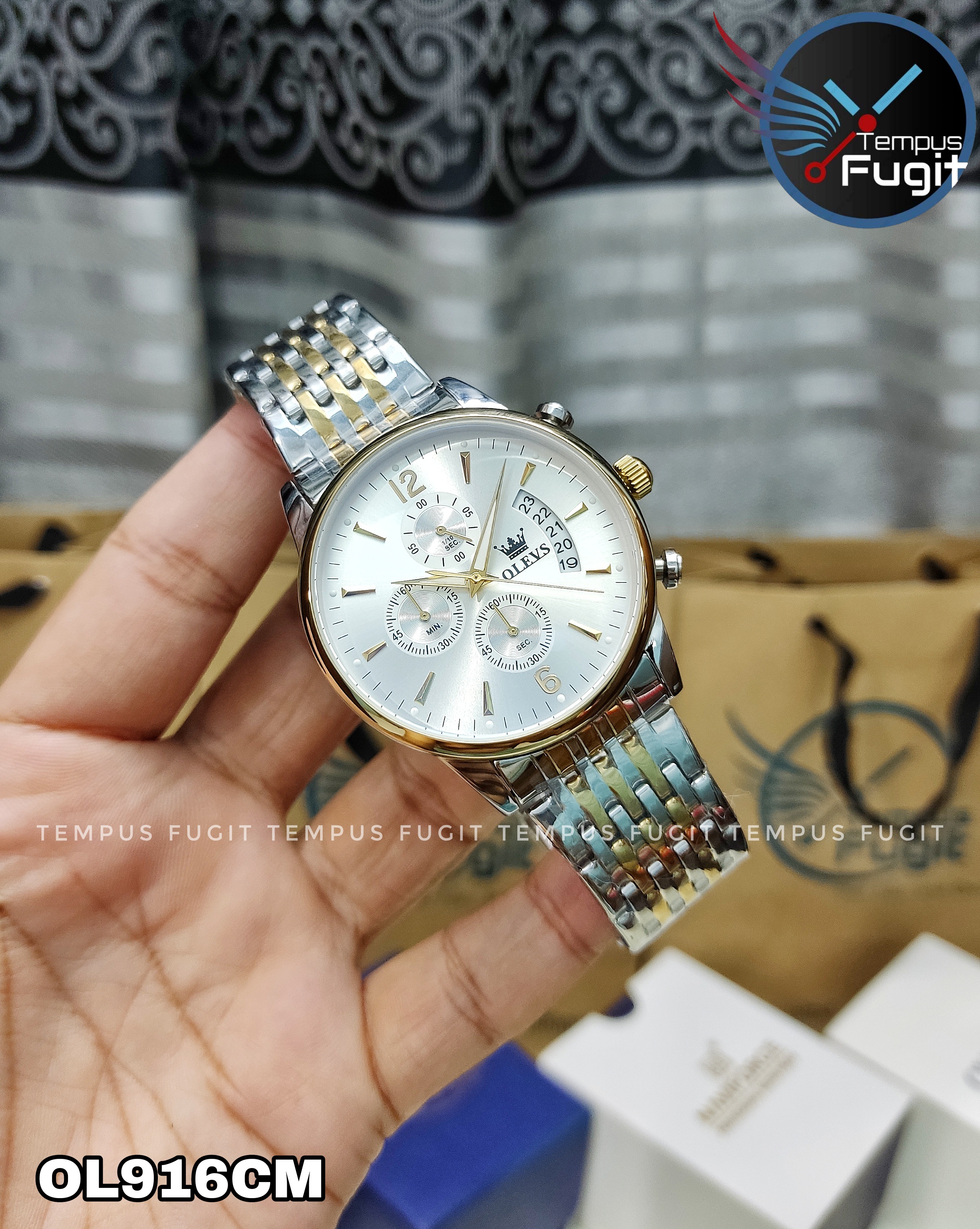 OLEVS 2867 Gents Chain Watch- Silver Dial- Golden Bezel- Silver+Golden Chain- TF Code OL916CM_img_6