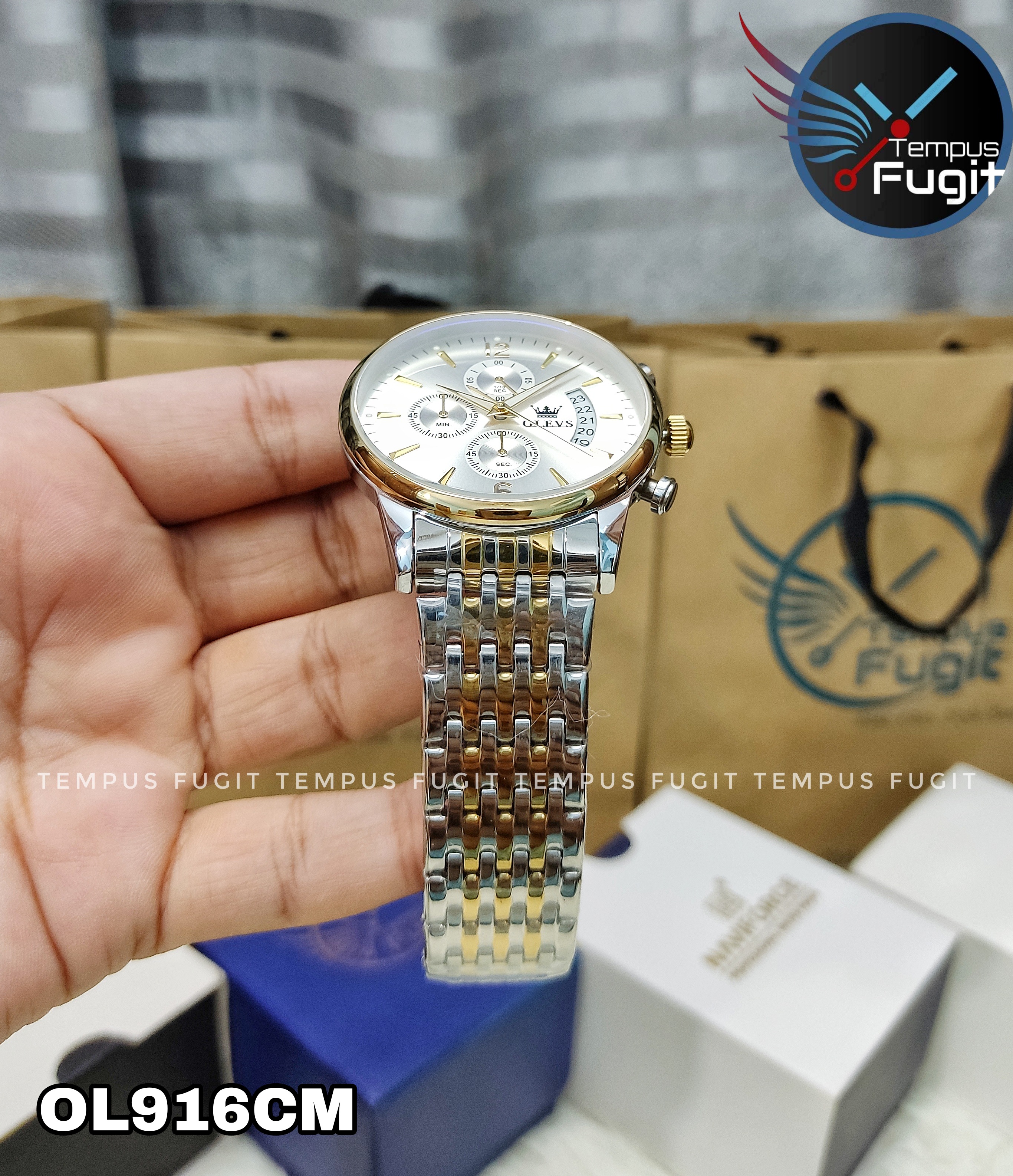 OLEVS 2867 Gents Chain Watch- Silver Dial- Golden Bezel- Silver+Golden Chain- TF Code OL916CM_img_8