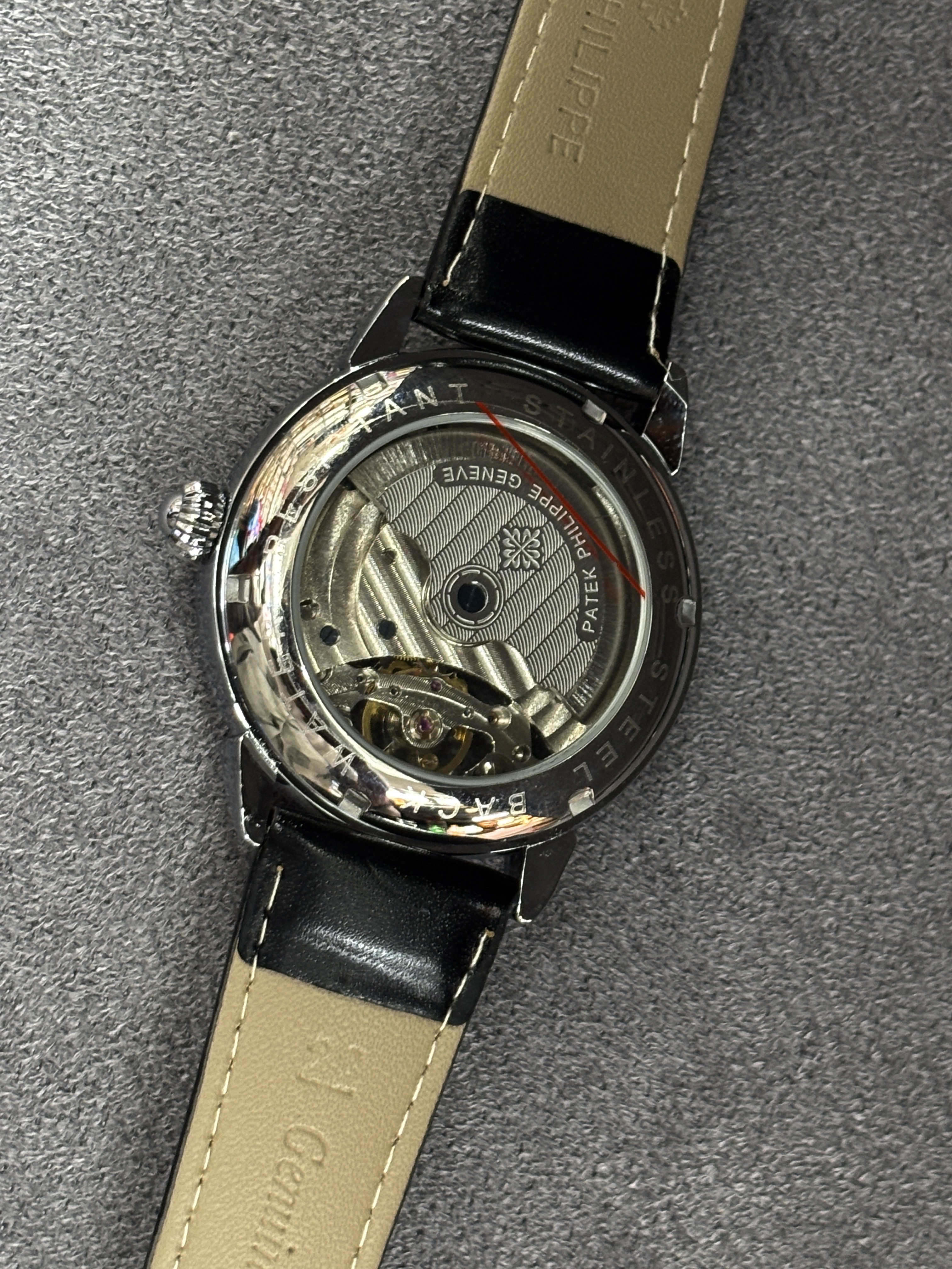 AAA(copy) Patek Philippe skeleton watch with a black leather strap._img_2