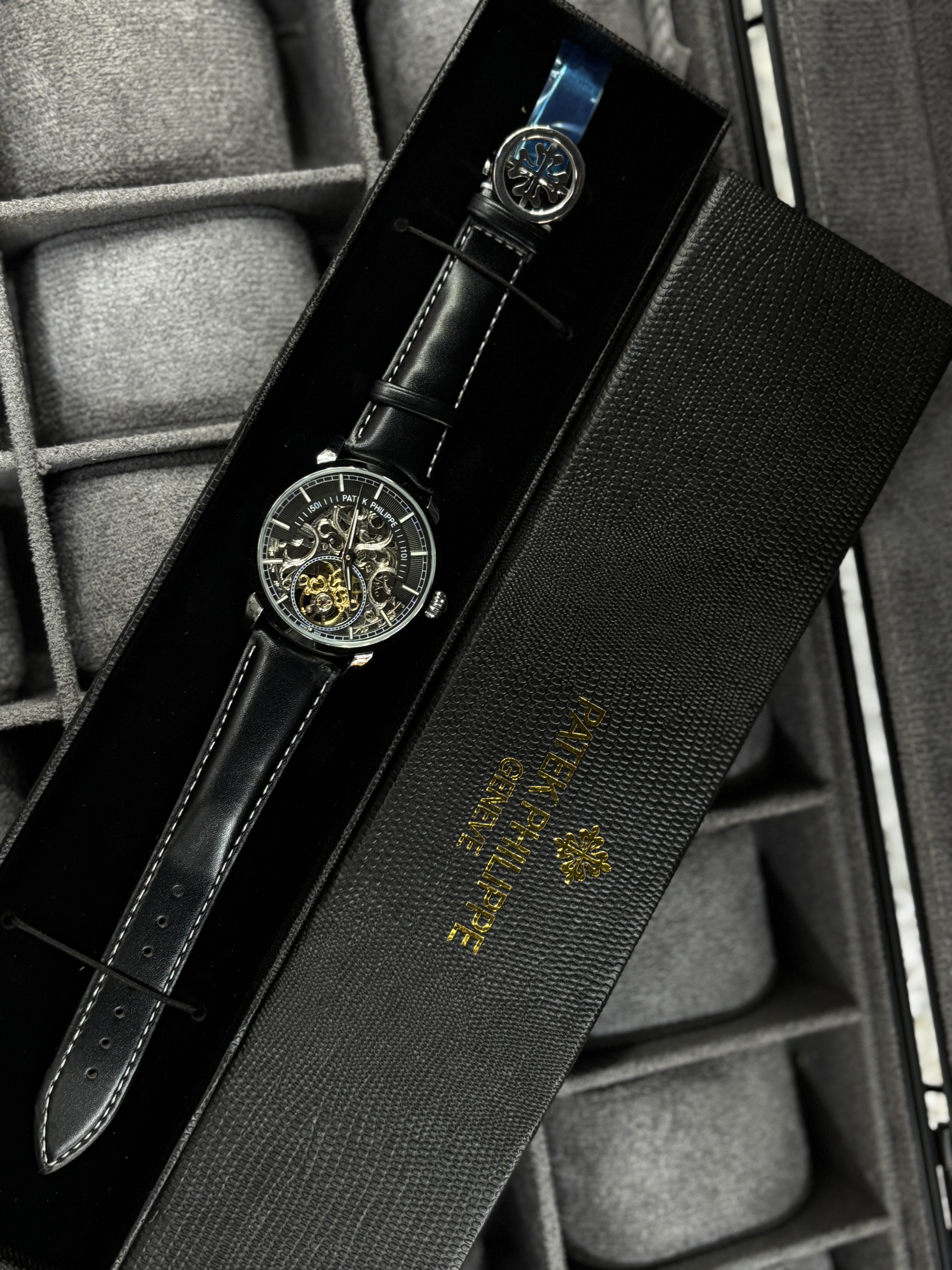 AAA(copy) Patek Philippe skeleton watch with a black leather strap._img_3