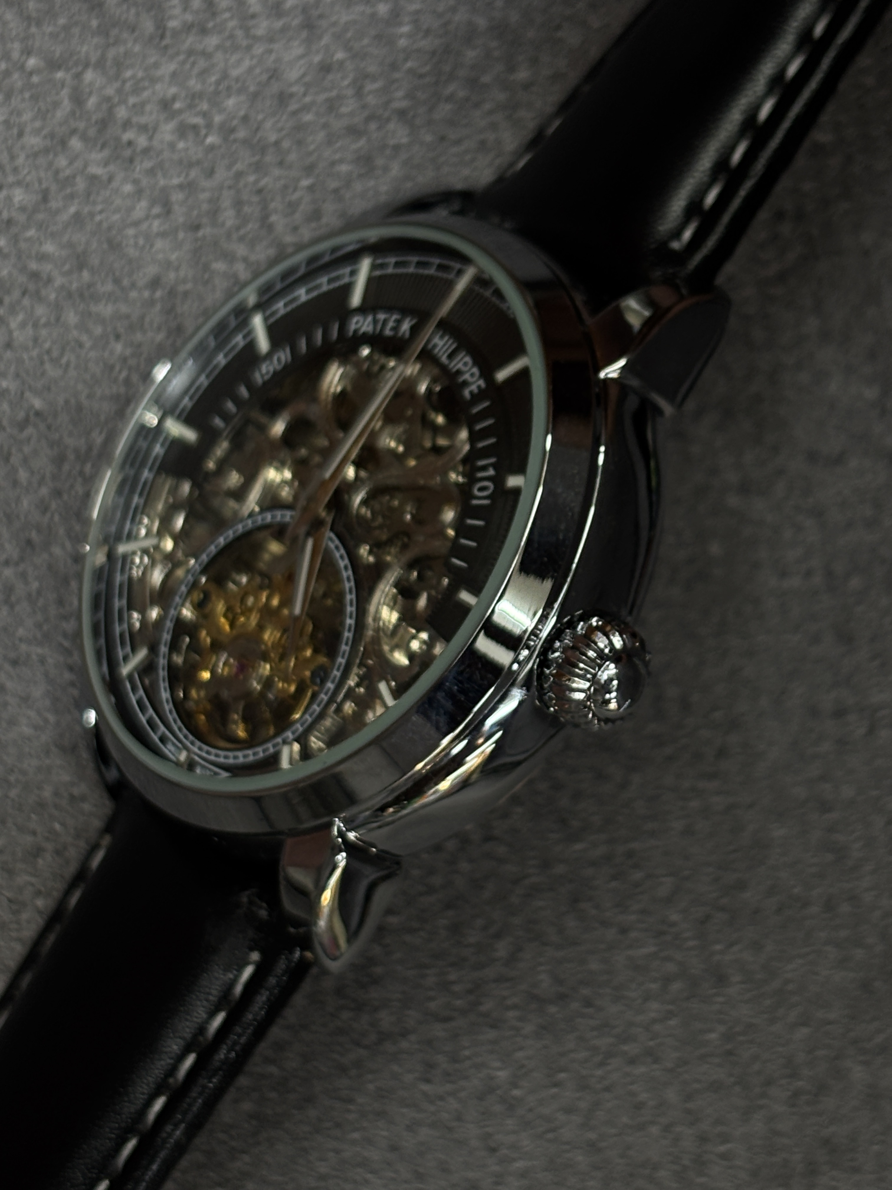 AAA(copy) Patek Philippe skeleton watch with a black leather strap._img_4