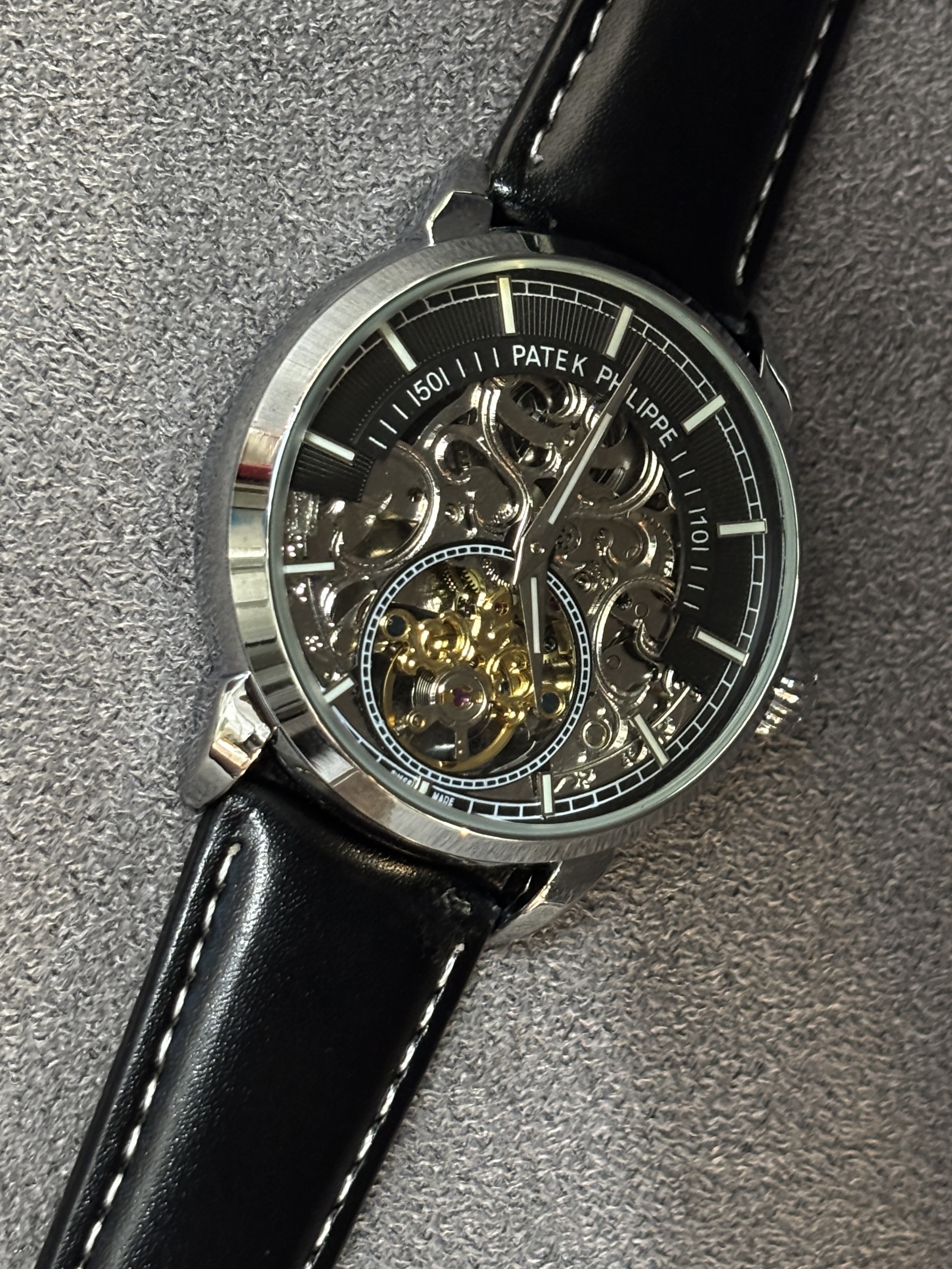 AAA(copy) Patek Philippe skeleton watch with a black leather strap._img_5