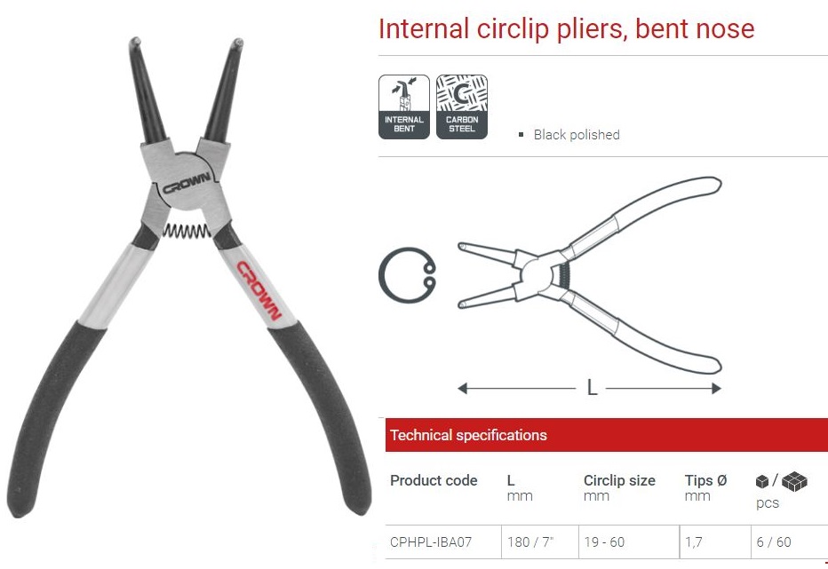 CROWN 7" Professional Internal circlip plier ( Straight Nose | Bent Nose ), CR-V; CPHPL-ISA07 | CPHPL-IBA07_img_1