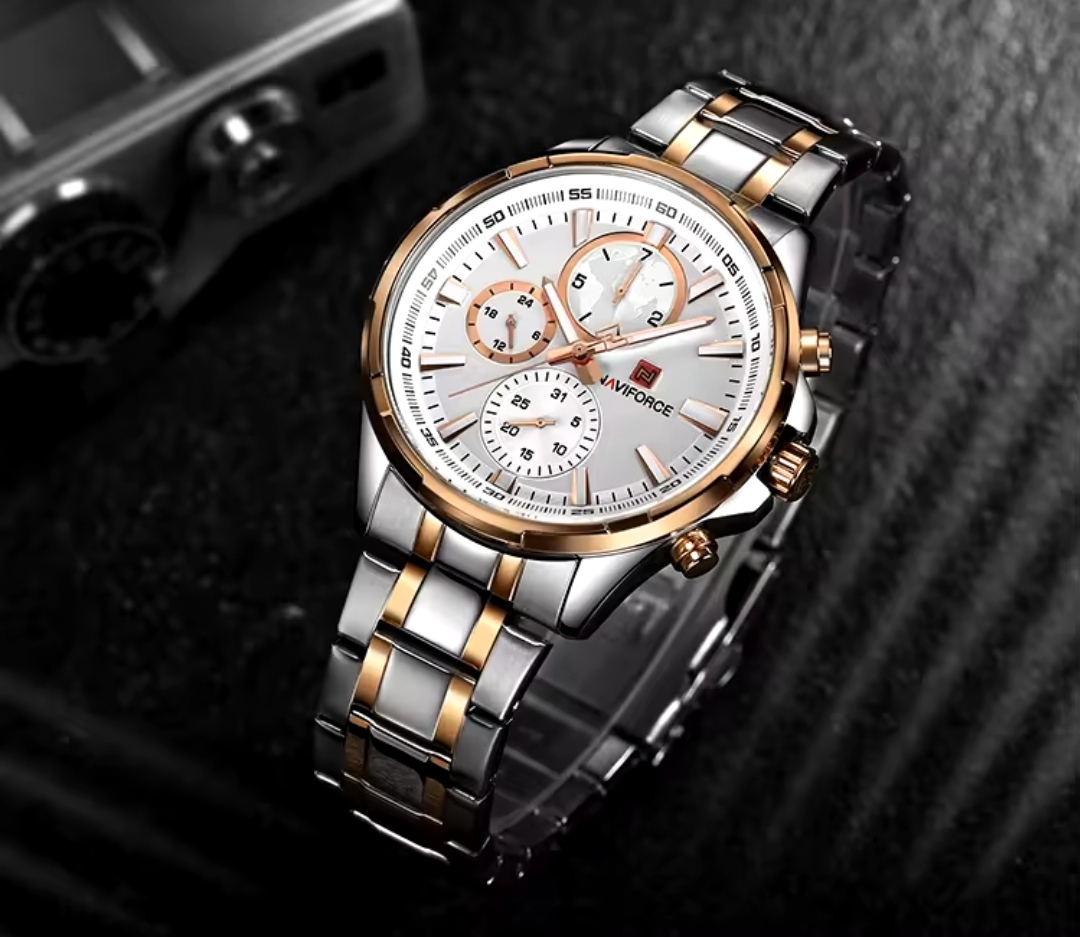 Naviforce 9089 Gents Chain Watch- Silver Dial- Rose Golden Bezel- Silver+Rose Golden Chain- TF Code NF915CM_img_2