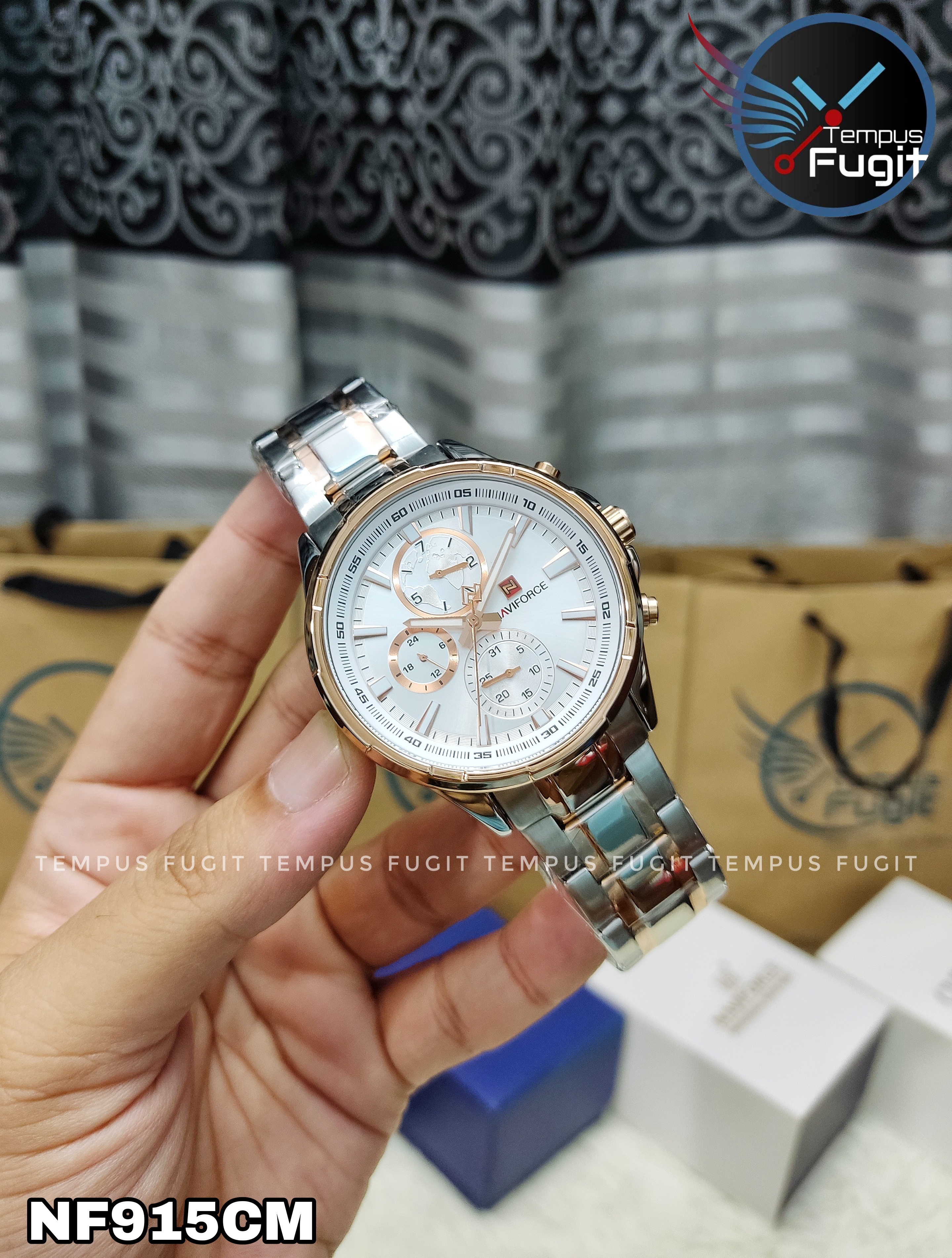 Naviforce 9089 Gents Chain Watch- Silver Dial- Rose Golden Bezel- Silver+Rose Golden Chain- TF Code NF915CM_img_1