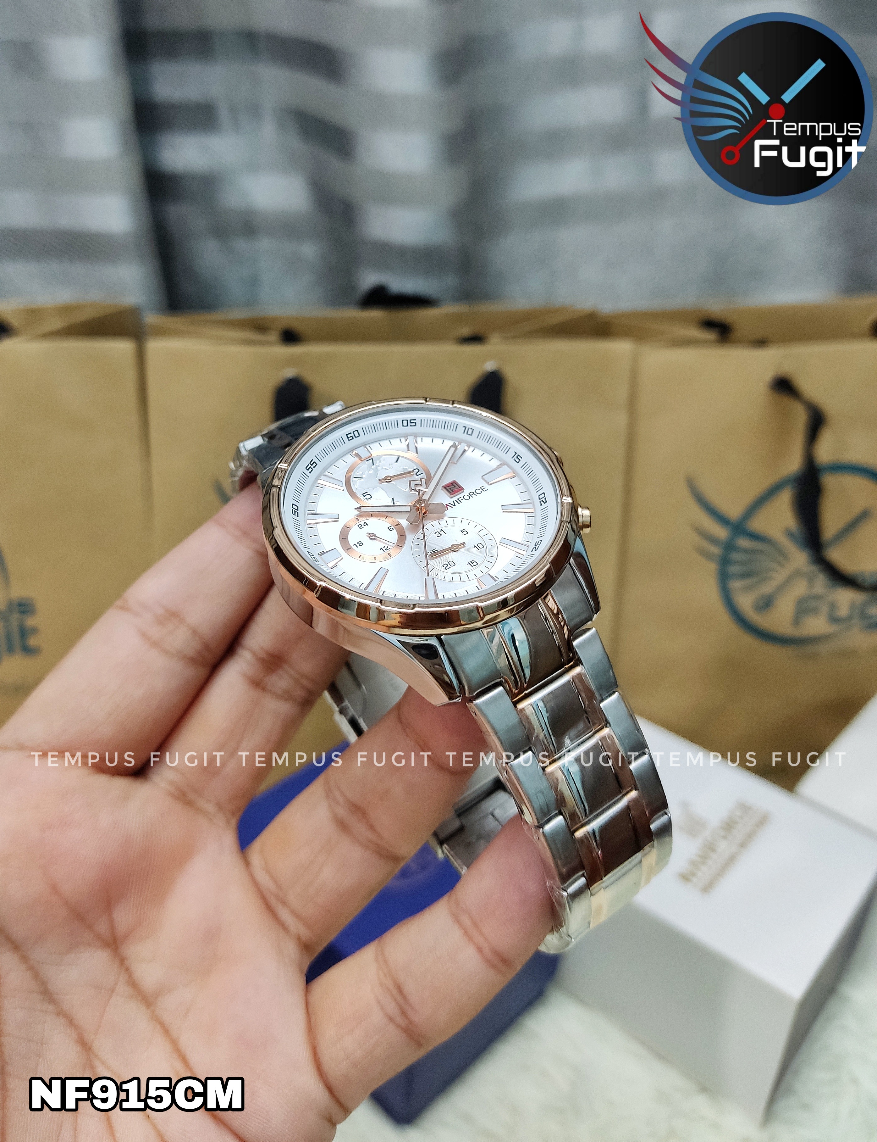 Naviforce 9089 Gents Chain Watch- Silver Dial- Rose Golden Bezel- Silver+Rose Golden Chain- TF Code NF915CM_img_4