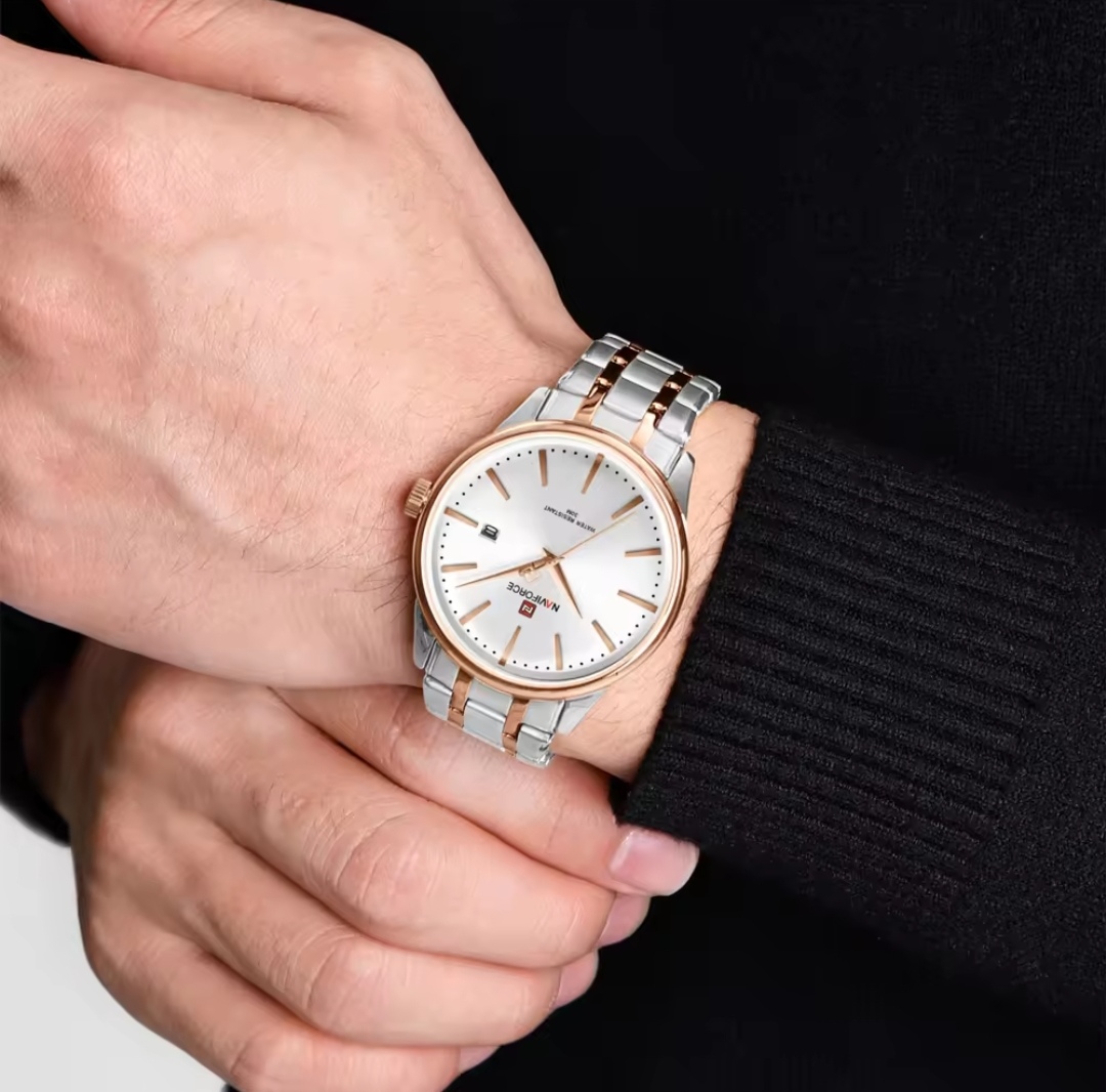 Naviforce 9230 Gents Chain Watch- Silver Dial- Rose Golden Bezel- Silver+Rose Golden Chain- TF Code NF918CM_img_2