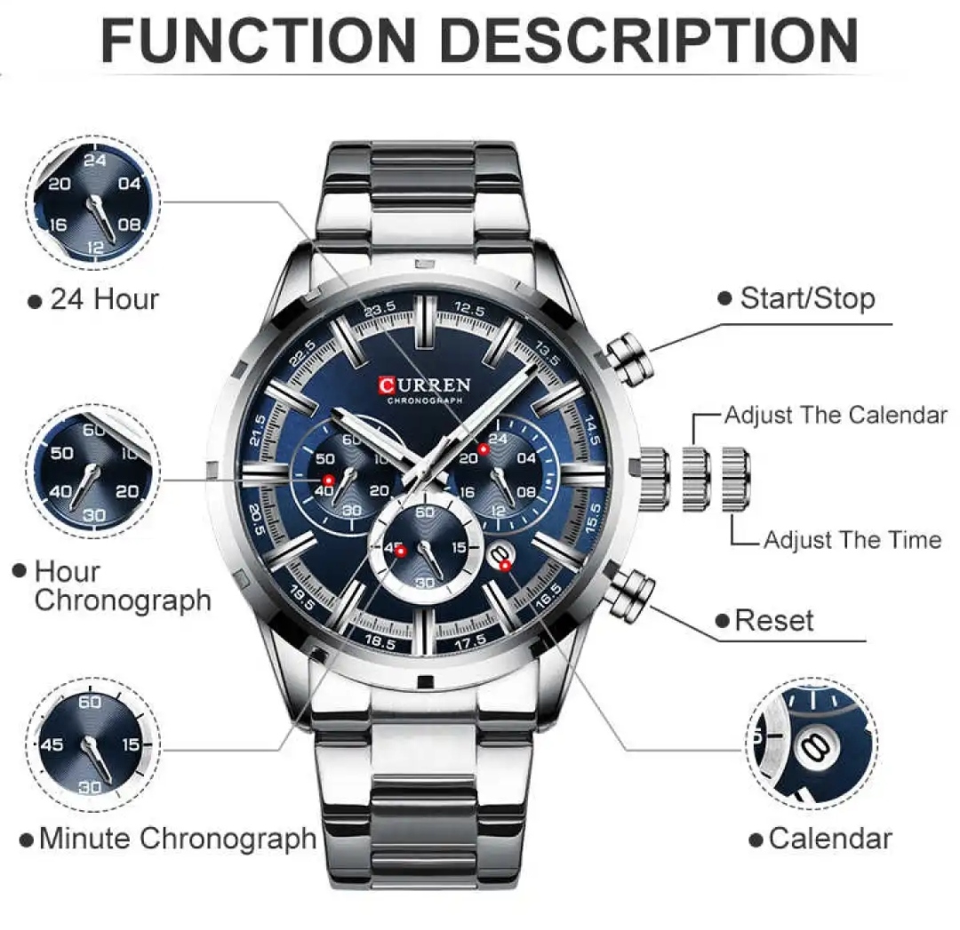 Curren 8355 Gents Chain Watch- Blue Dial- Silver Bezel- Silver Chain- TF Code CR360CM_img_2