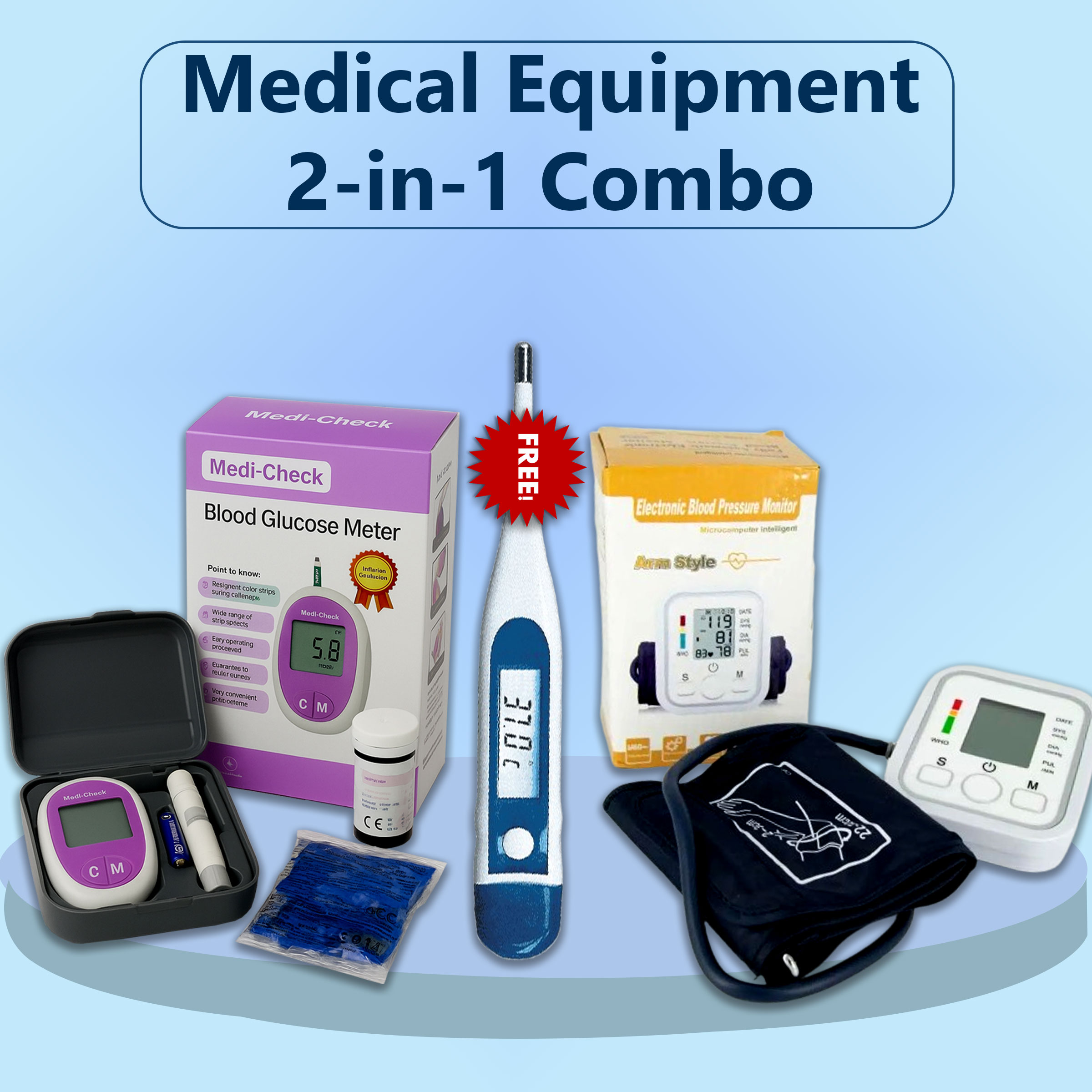 Medical Equipment 2-in-1 Combo Pack with Free Thermometer (Blood Glucose Meter + Digital BP Monitor)_img_0