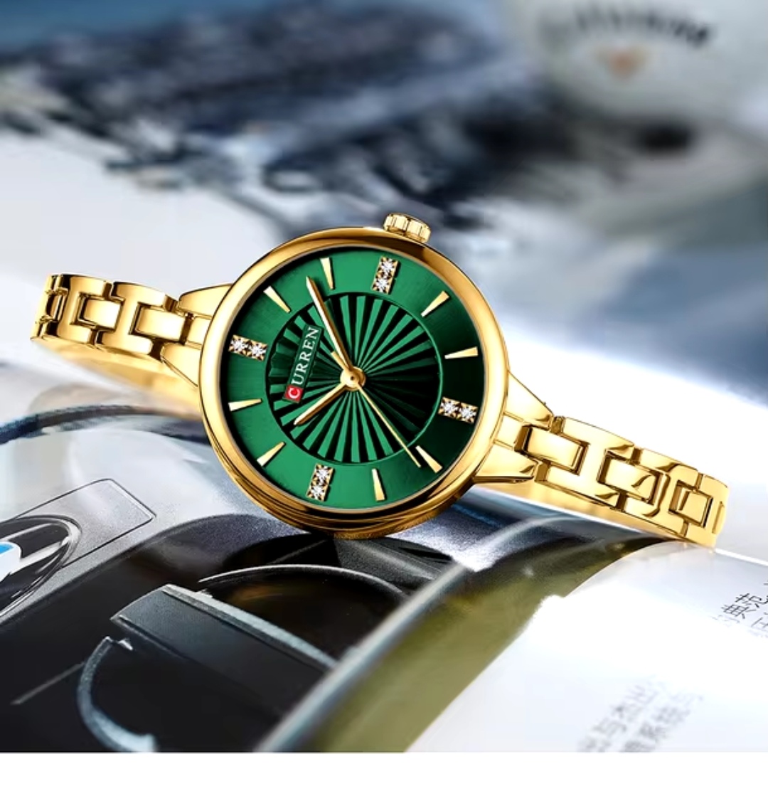Curren 9097 Ladies Chain Watch- Green Dial- Golden Bezel- Golden Chain- TF Code CR924CF_img_3