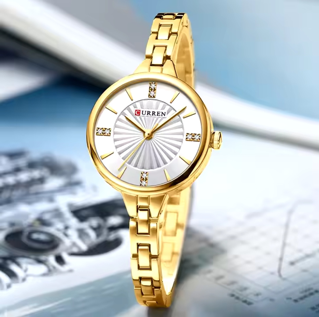 Curren 9097 Ladies Chain Watch- Silver Dial- Golden Bezel- Golden Chain- TF Code CR925CF_img_2