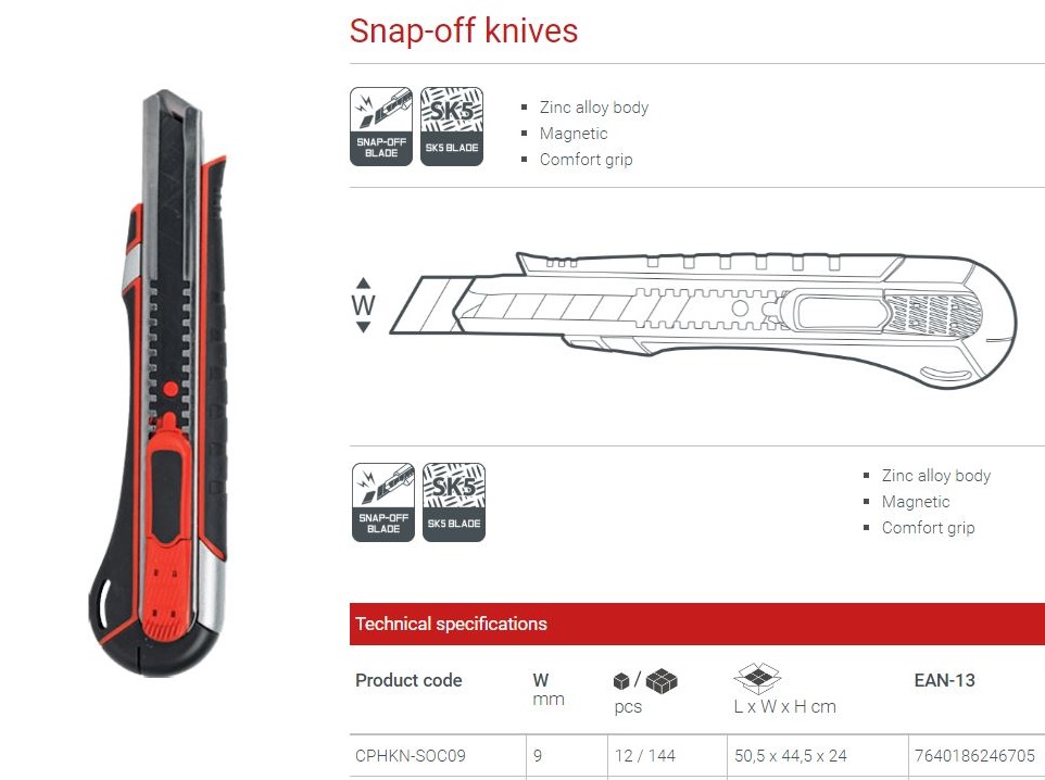 CROWN Professional Snap-Off Knife, 9mm, Zinc alloy+TPR, SK5; CPHKN-SOC09_img_4