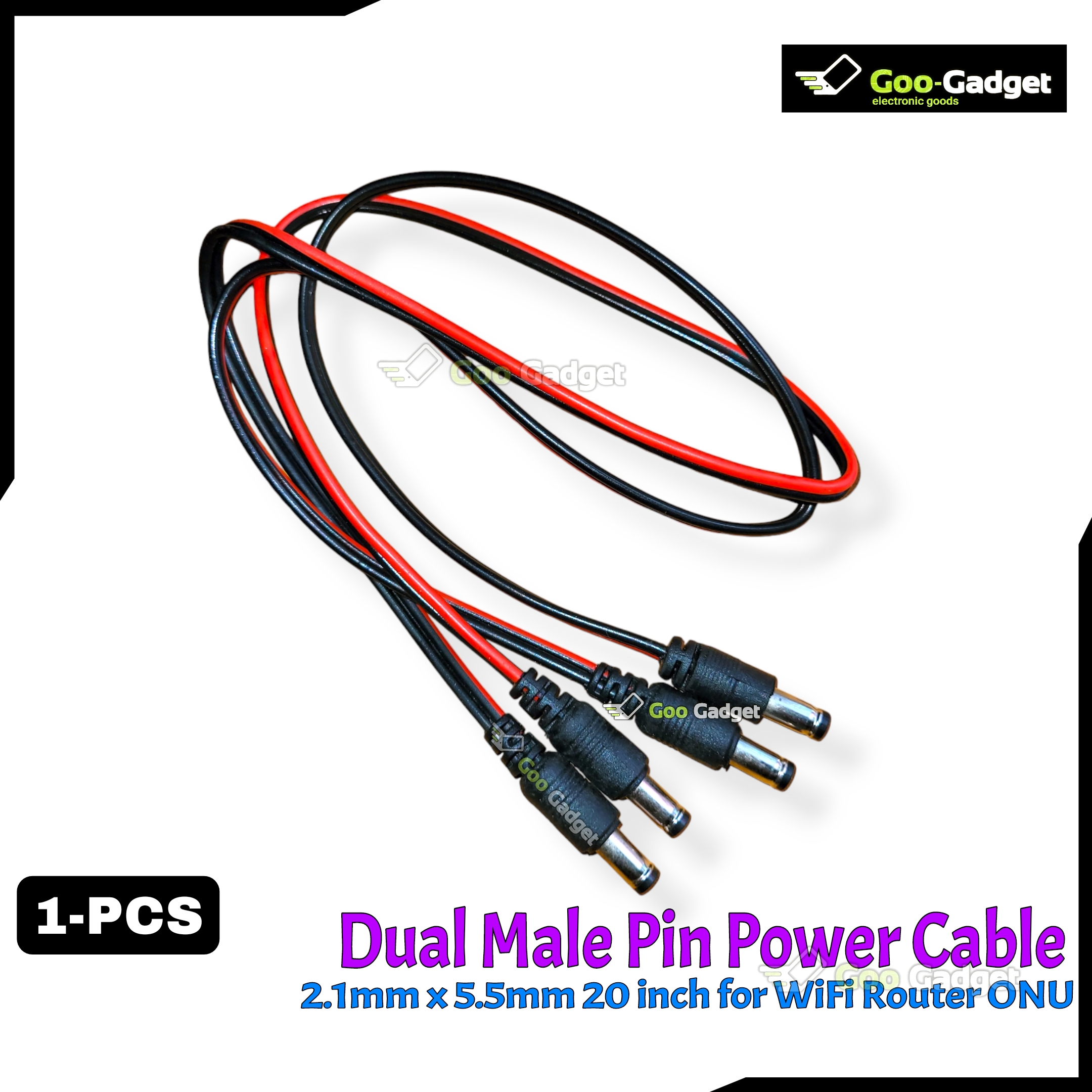 Dual Male Pin Power Cable 2.1mm x 5.5mm for WiFi Router ONU – 20 Inch, Red/Black