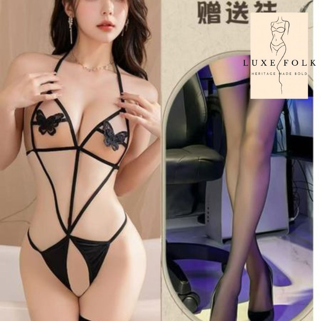 Black See-Through One-Piece Lingerie for Women | Ultra-Thin Sexy Siamese Bodysuit with Fishnet Stockings_img_4