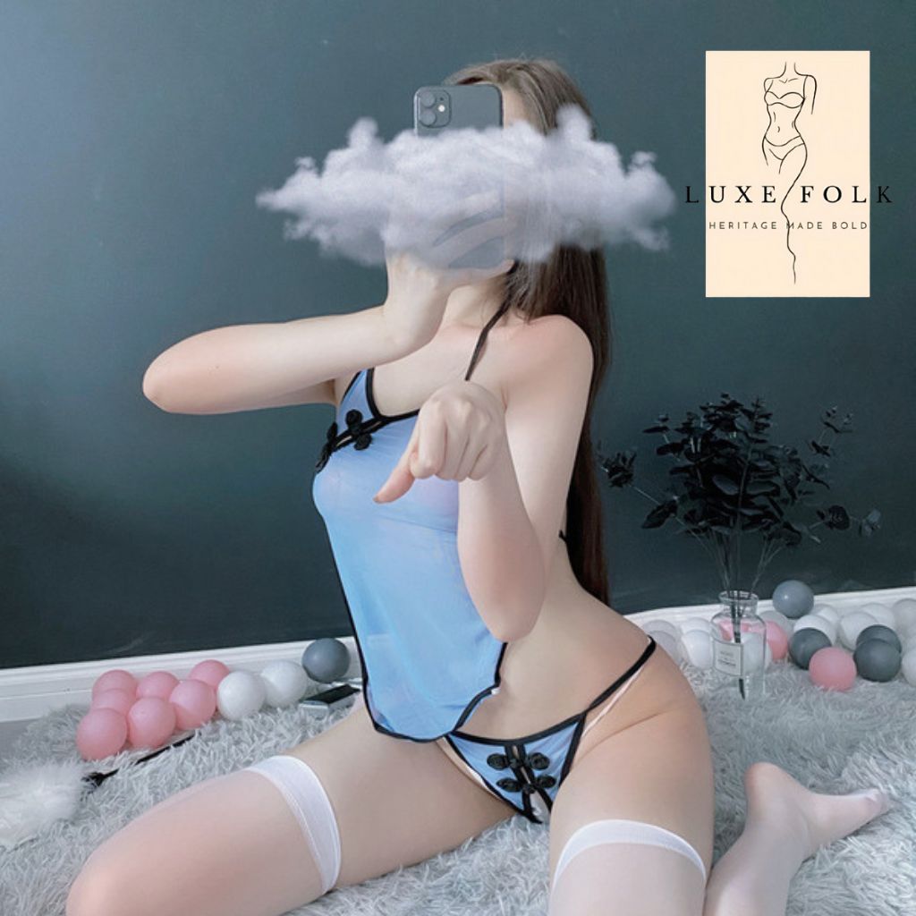 Retro Cheongsam Mesh Lingerie Set for Women | Sexy See-Through Role Play Costume_img_4