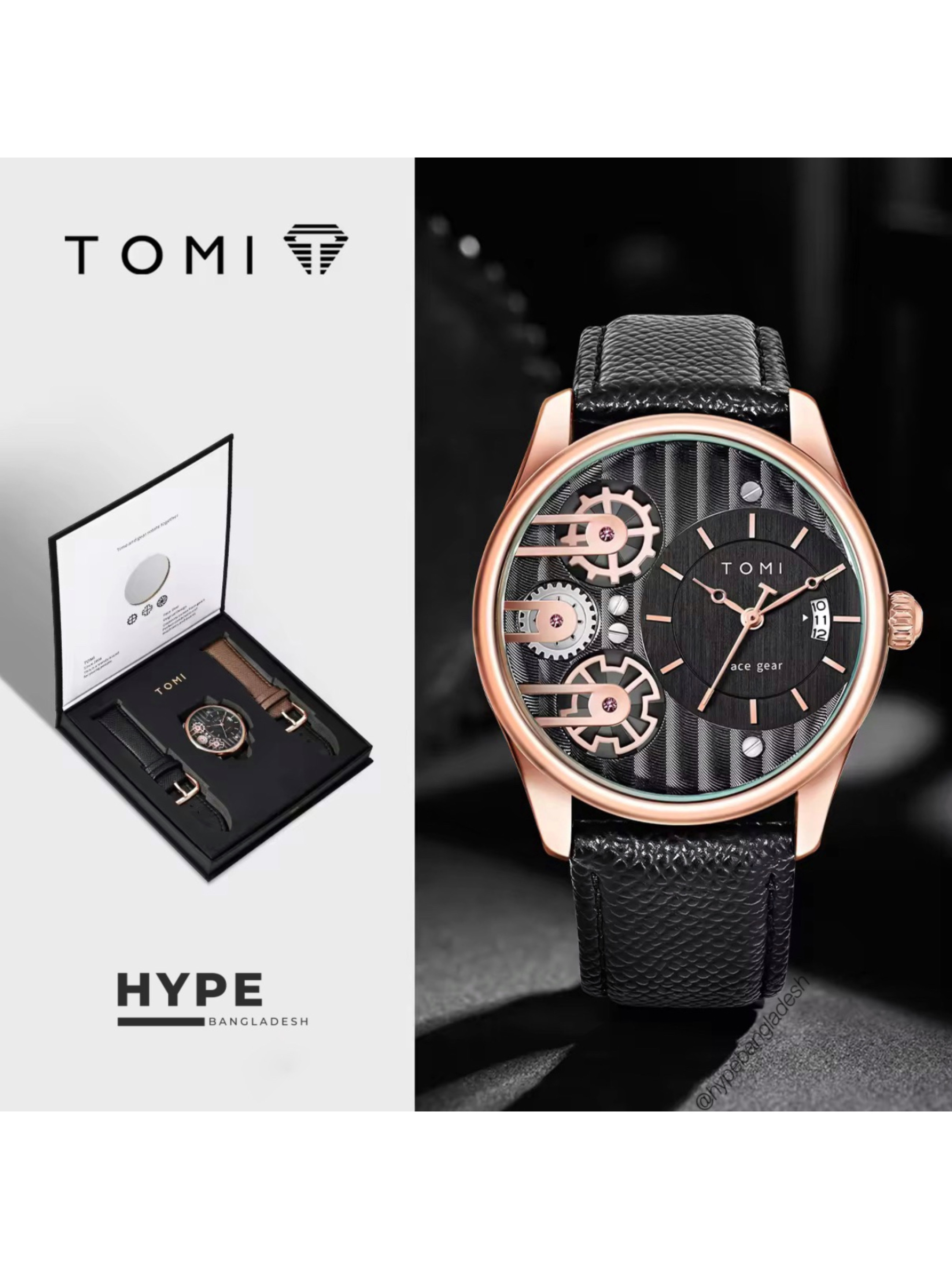 TOMI T-106 Face Gear Dual Strap Leather Belt Watch (Black-Rosegold)_img_0