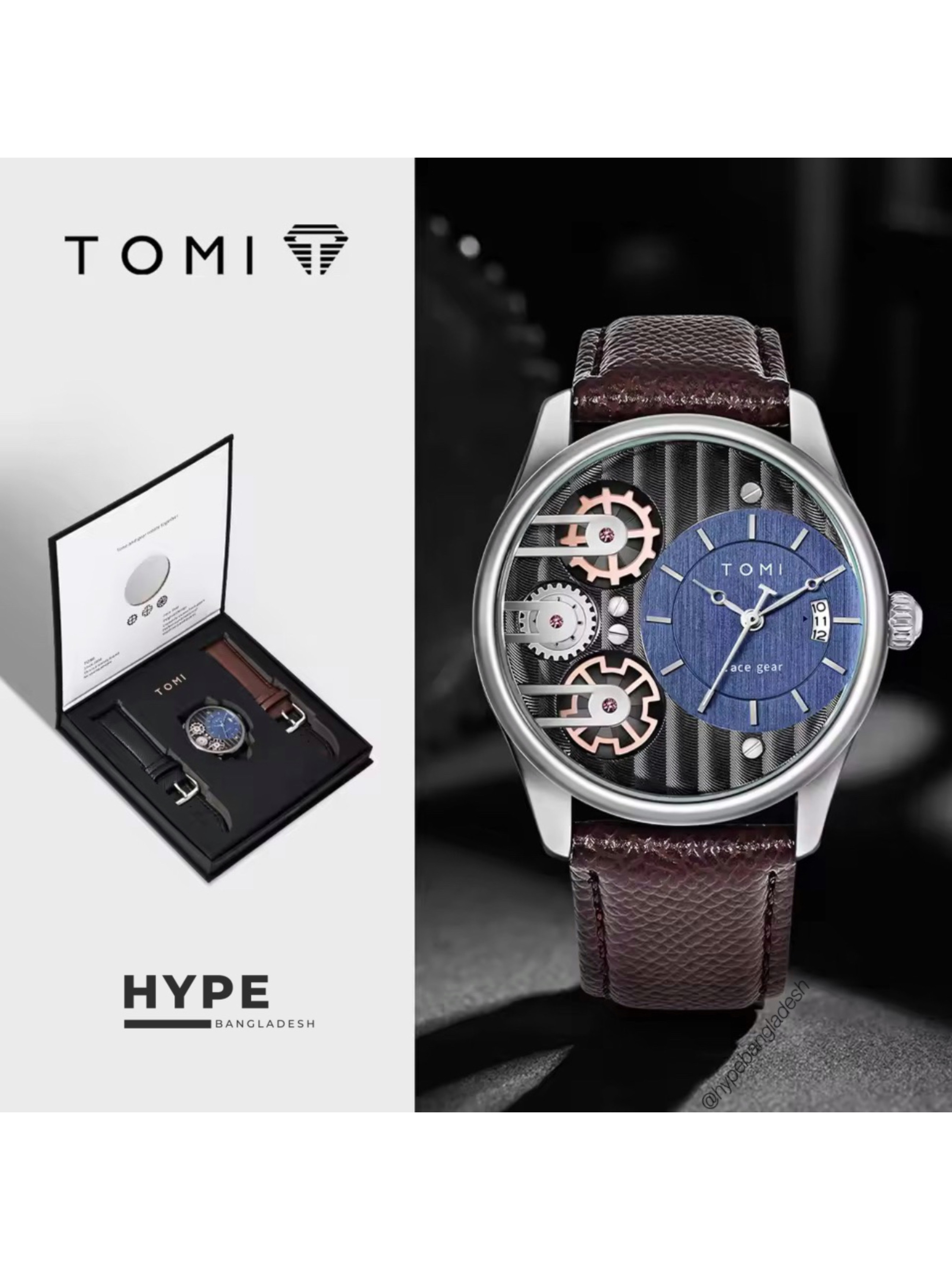 TOMI T-106 Face Gear Dual Strap Leather Belt Watch (Brown-Silver)_img_0