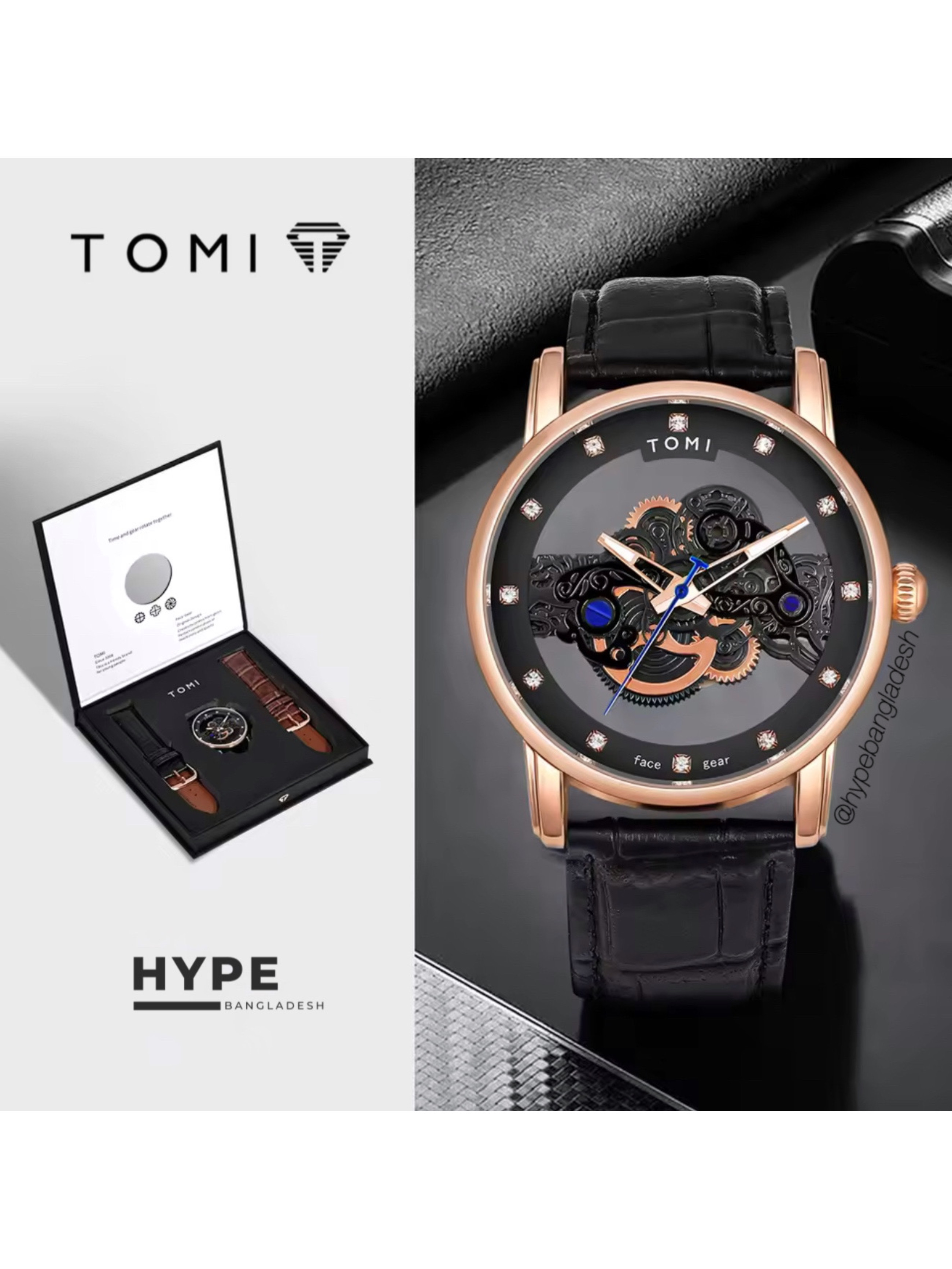 TOMI T-102 Face Gear Transperent Dual Strap Leather Belt Watch (Black-Rosegold)_img_0