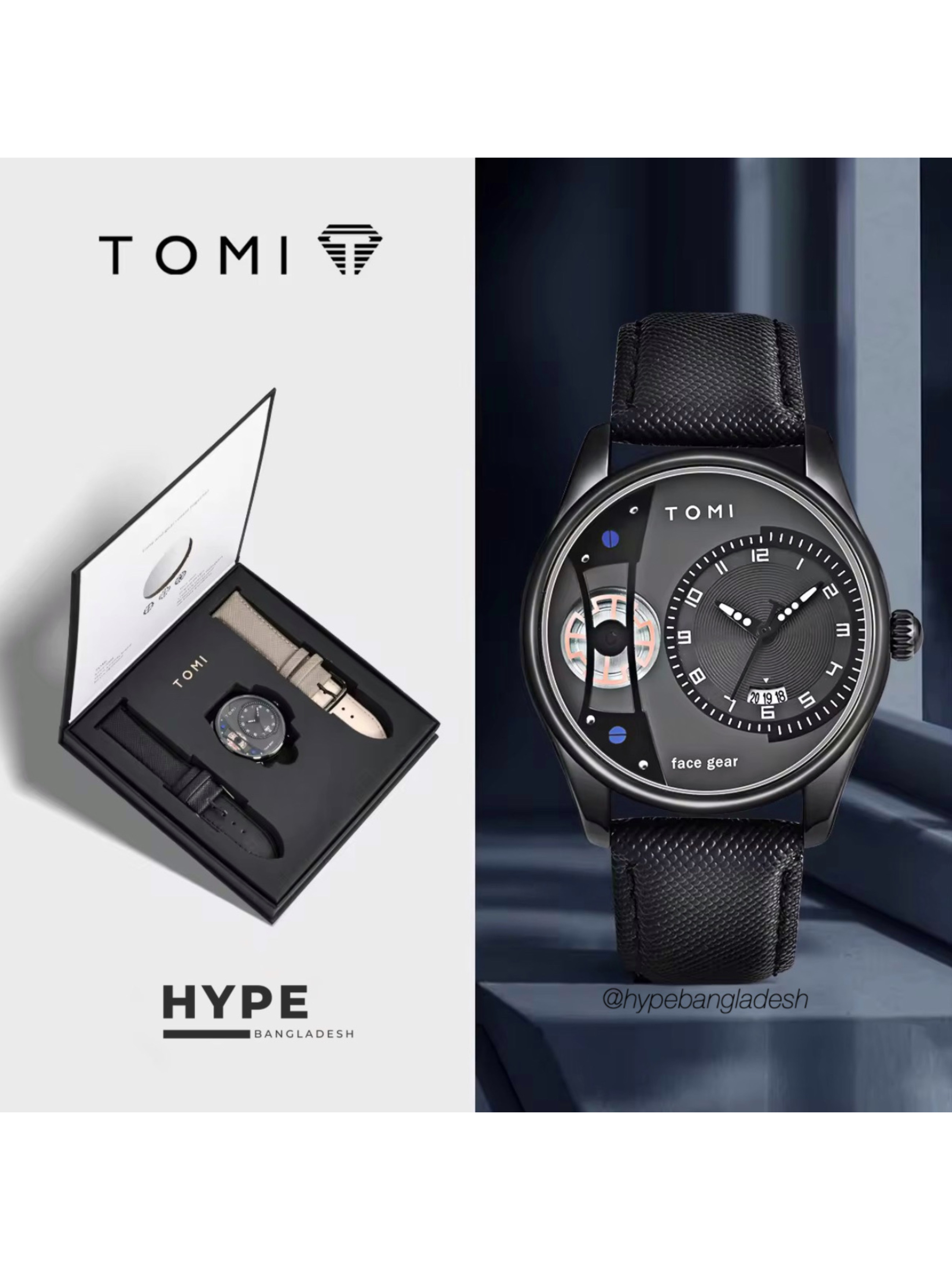 TOMI T-105 Face Gear Dual Strap Leather Belt Watch (Black)_img_0