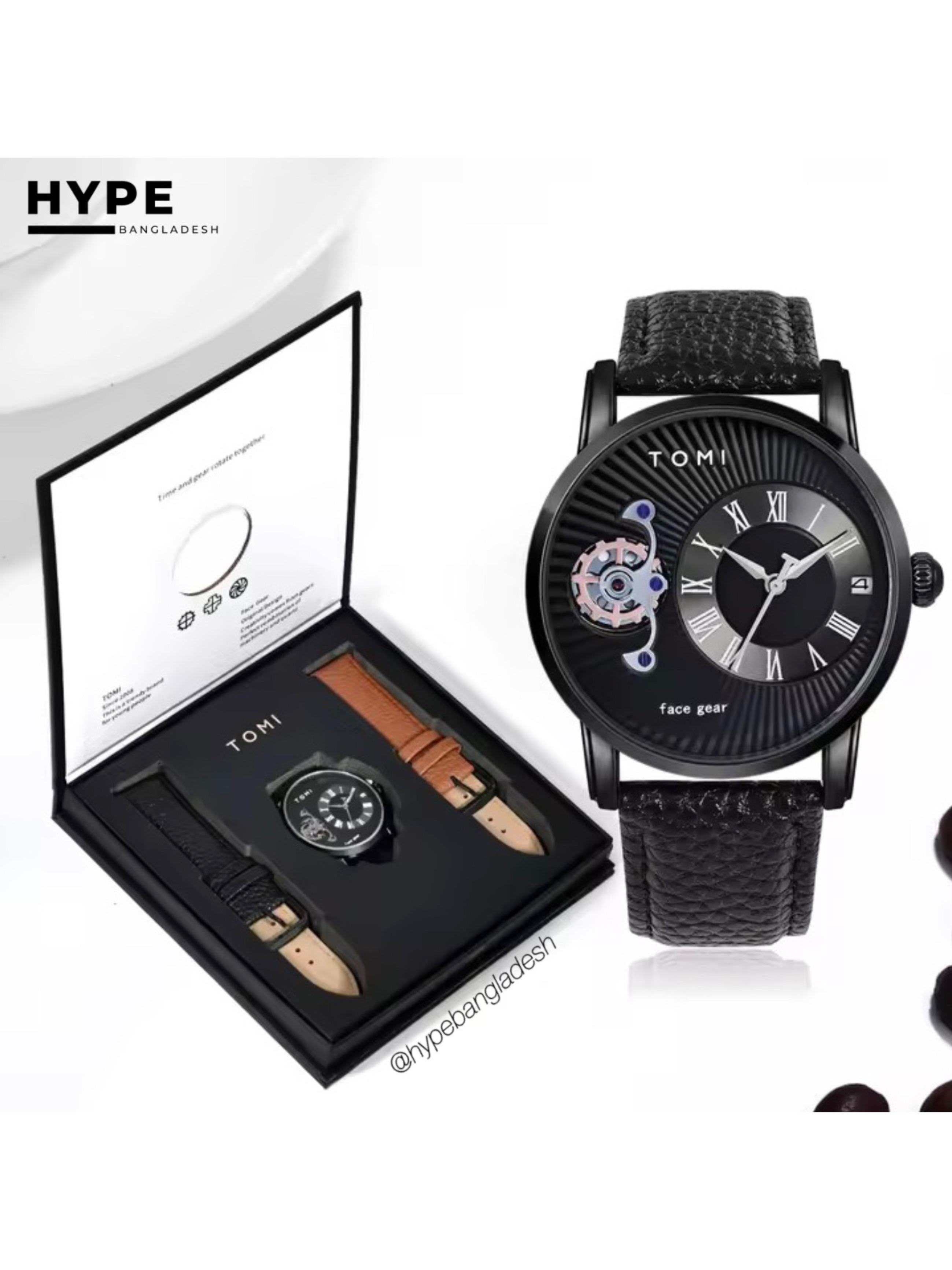 TOMI T-104 Face Gear Dual Strap Leather Belt Watch (Black)_img_0