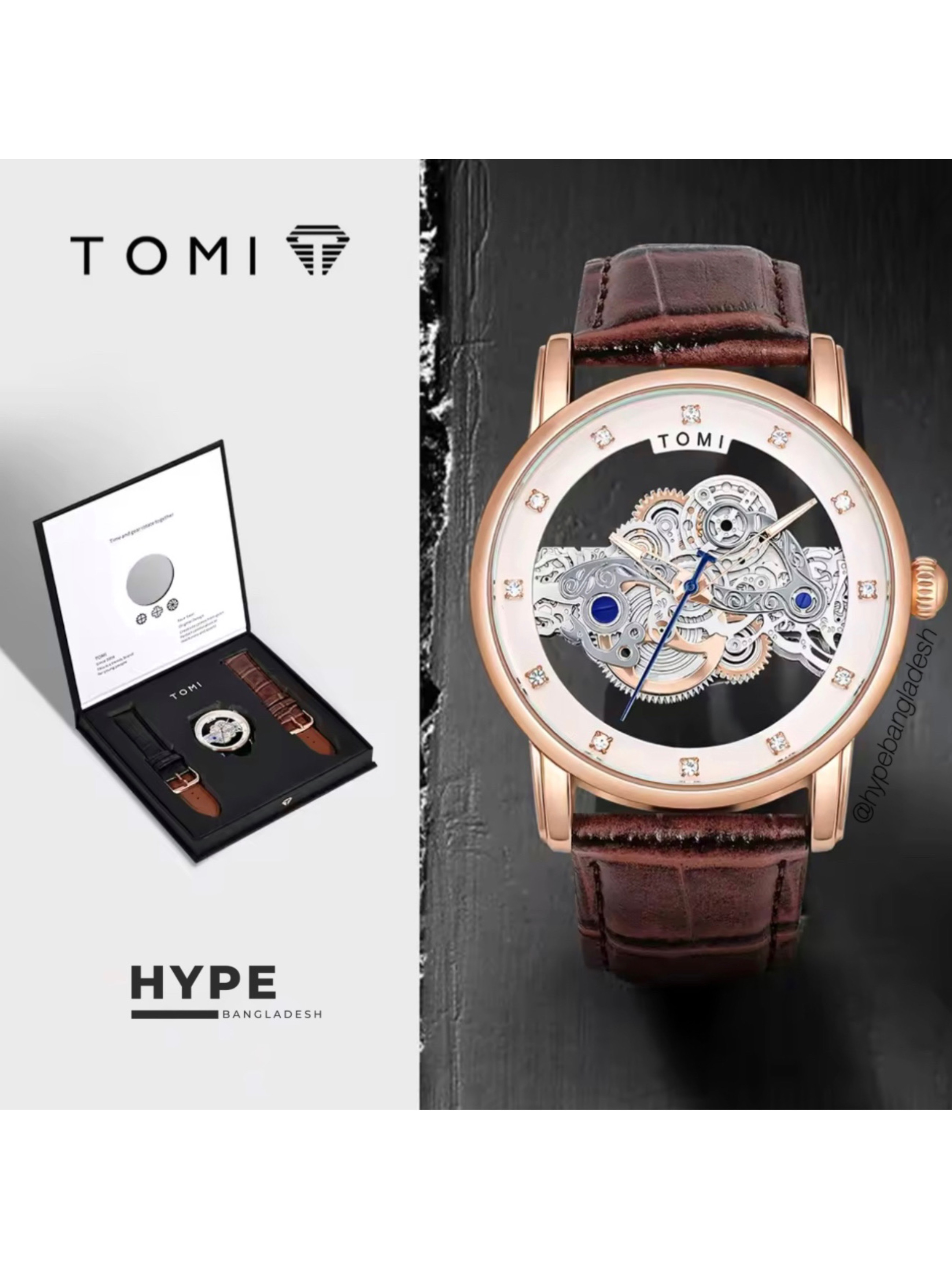 TOMI T-102 Face Gear Transperent Dual Strap Leather Belt Watch (White-Rosegold)_img_0