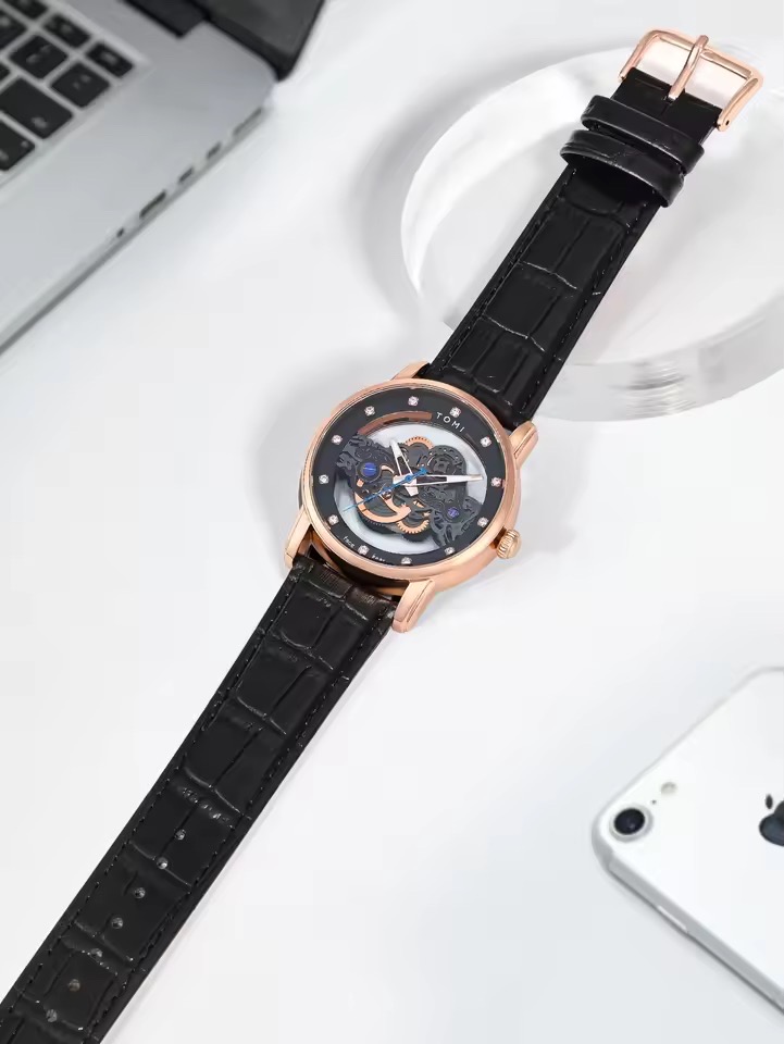 TOMI T-102 Face Gear Transperent Dual Strap Leather Belt Watch (Black-Rosegold)_img_3