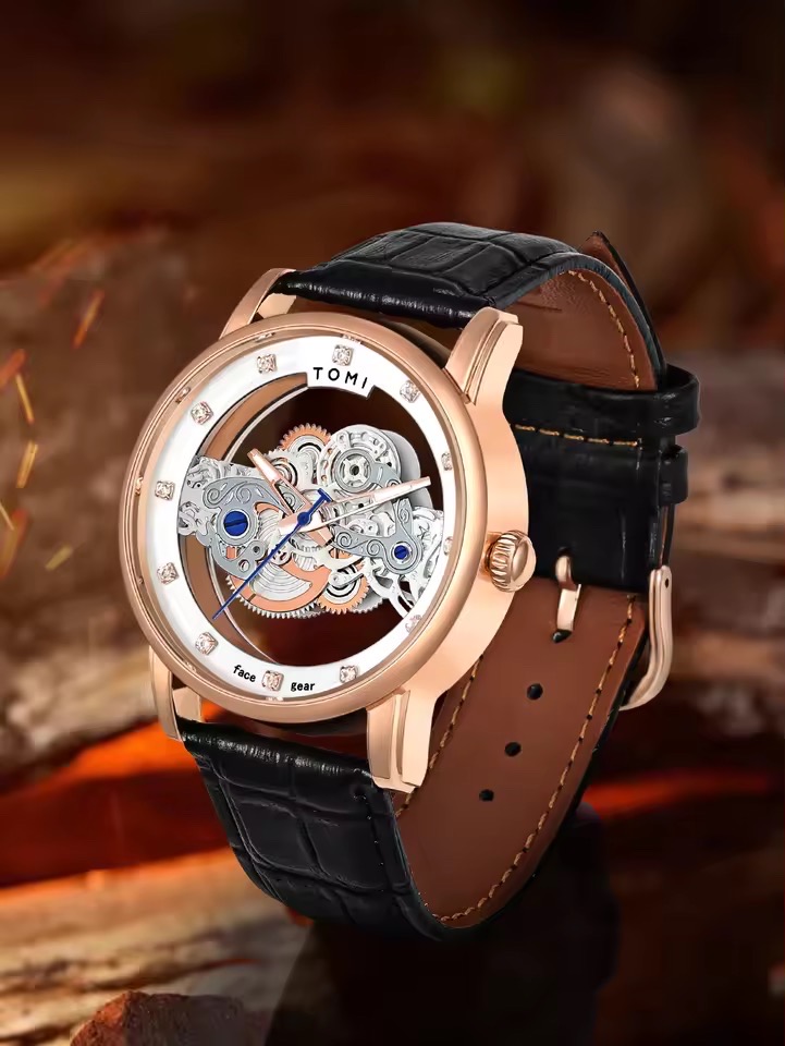 TOMI T-102 Face Gear Transperent Dual Strap Leather Belt Watch (White-Rosegold)_img_1