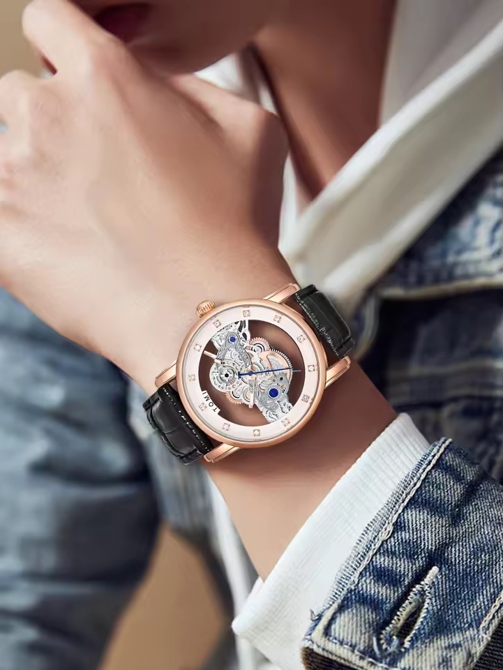 TOMI T-102 Face Gear Transperent Dual Strap Leather Belt Watch (White-Rosegold)_img_3